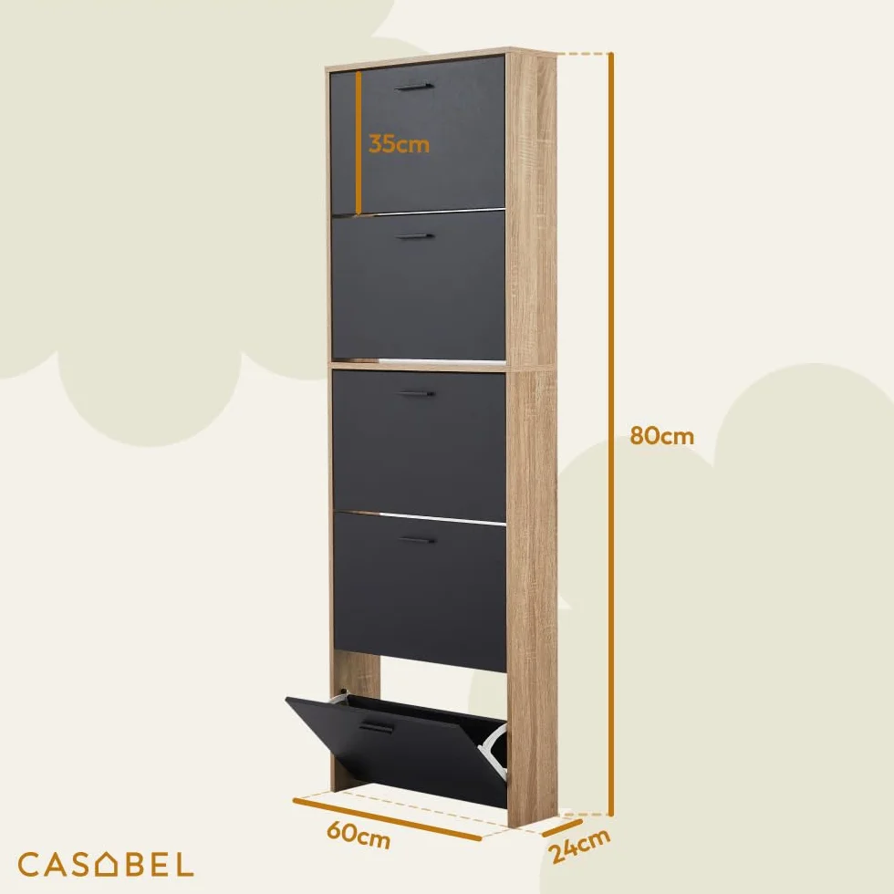 CASABEL Mueble Zapatero Moderno 5 abatibles, Almacenamiento para Zapatos 15 Pares, Negro y Madera, Mueble de Madera, Dimensiones L60xP17xH180 cm, Gran Capacidad, fácil de Instalar