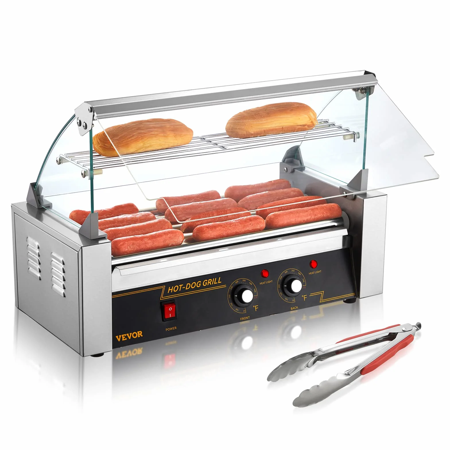 VEVOR Máquina de Rodillos para Perros Calientes de 56 x 25 x 41 cm con una Parrilla de Acero Inoxidable de Calidad Comercial, 50 °C-250 °C, 1000 W ±15%, para Puestos de Comida, Fiestas y Barbacoas