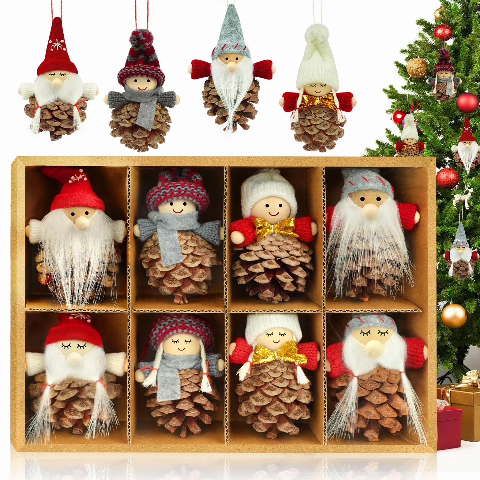 Gnomo Adornos de Navidad, Duendes Colgante Decoracion Árbol Navidad 8 Piezas Piñas Muñecos