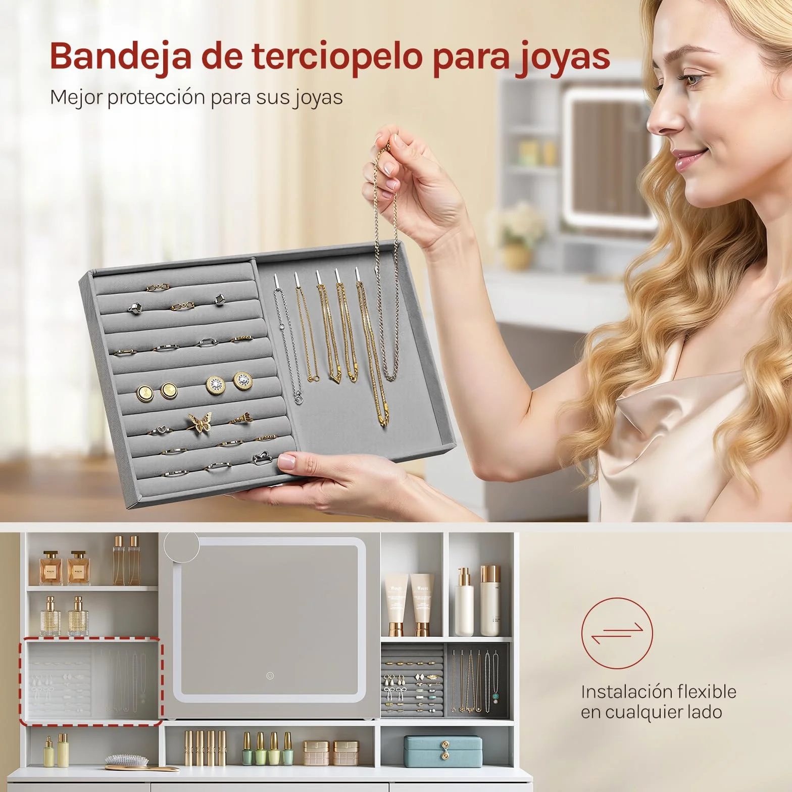 WOLTU Tocador de Maquillaje con 9 Cajones, 1 Bandeja de Joyas, Mesa Tocador Blanco con Espejo y Luz LED Ajustable, Estantes Abiertos, Estilo Moderno para Dormitorio