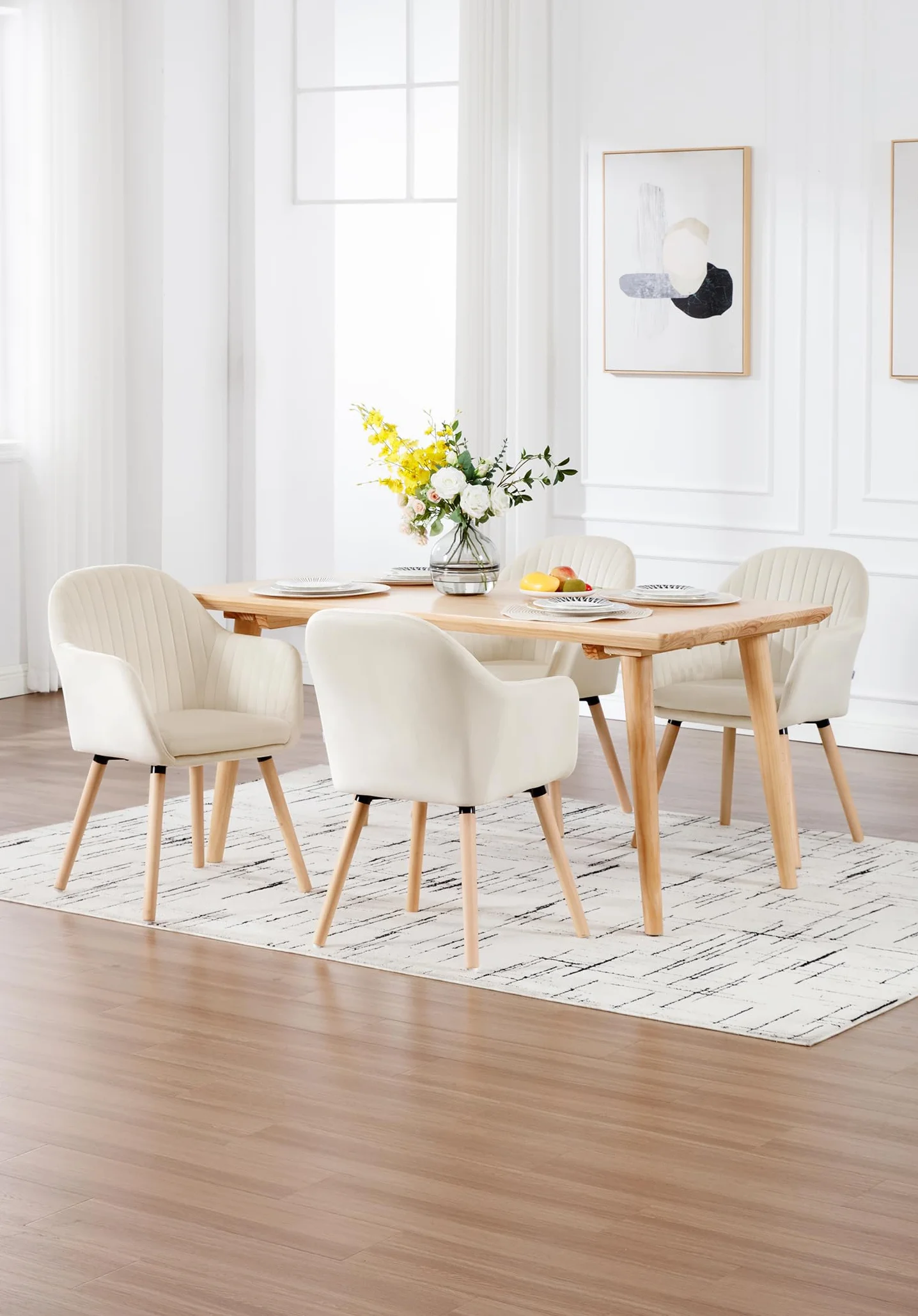 WOLTU Juego de 2 Sillas de Comedor y Cocina con Respaldo Mediano,cojín Doble de Terciopelo y Patas de Estructura de Madera,adecuadas para salón y Dormitorio,Blanco Crema