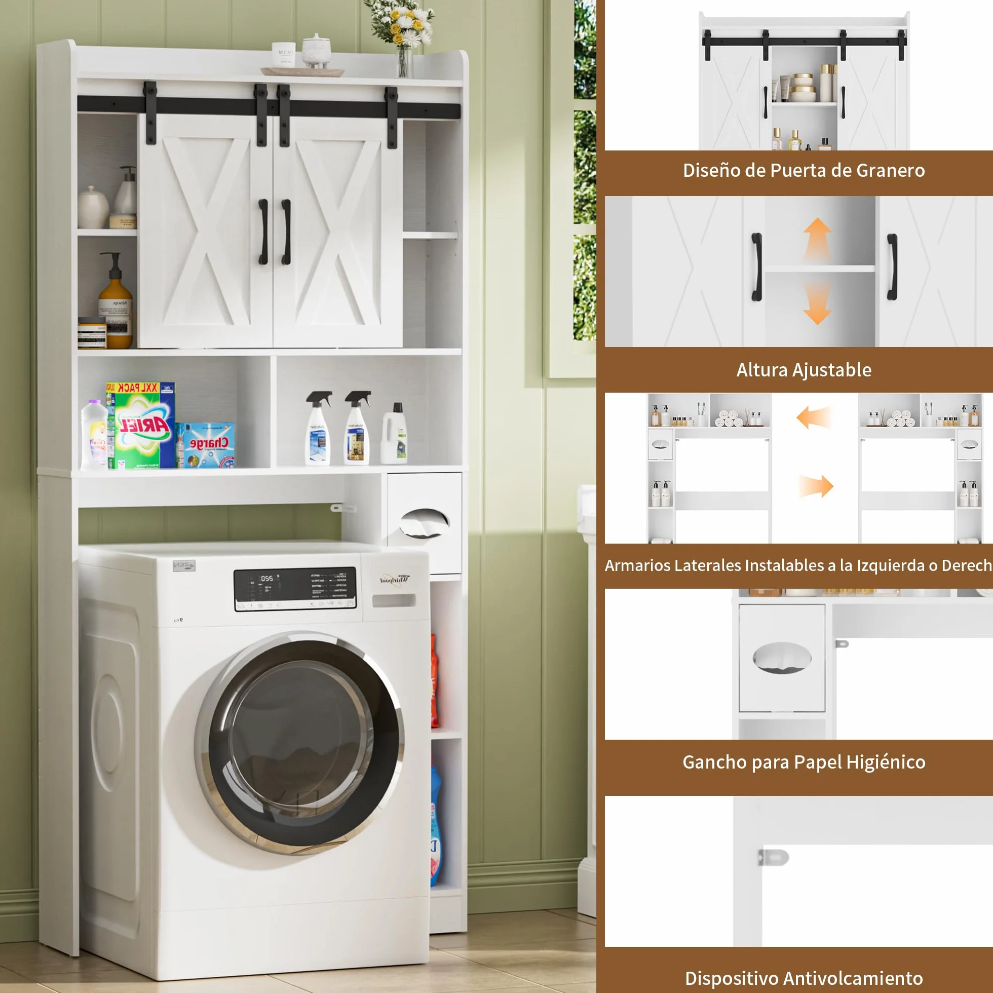 BonVache Mueble Lavadora Puerta Corredera Estantes Ajustables 5 Nichos Abiertos Compartimento Toallas Papel Baño Lavandería Blanco
