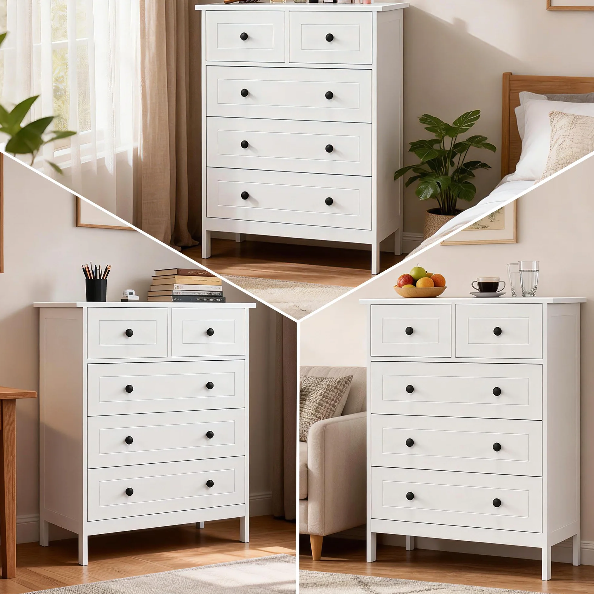 HOMCOM Cajonera de Dormitorio Cómoda Blanca de 5 Cajones con Manijas Cajonera Alta para Salón Oficina Estudio Estilo Moderno 74x40x91 cm