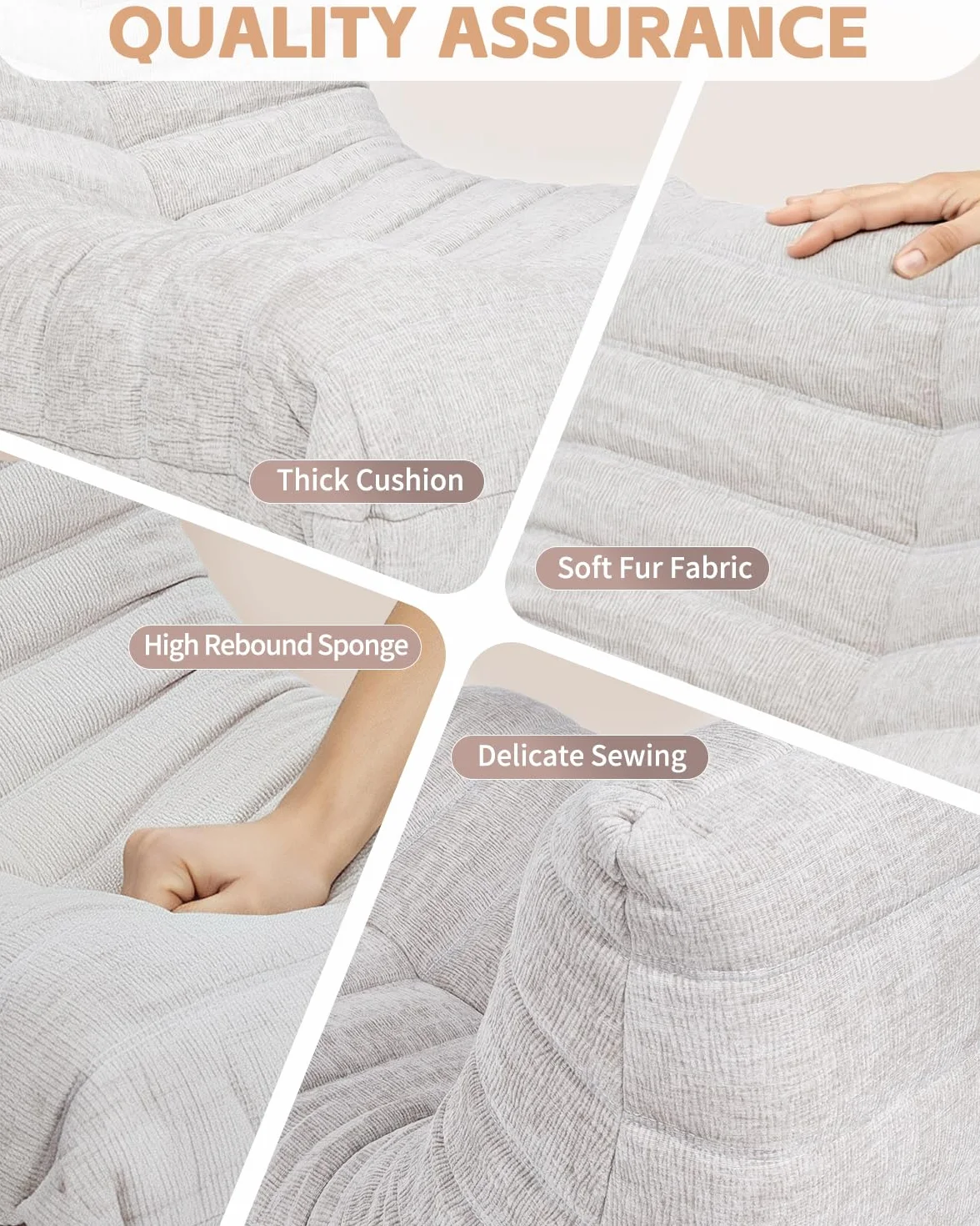 Puf de Espuma de Alta Densidad para sofá, sofá de Suelo de Chenilla con Respaldo, sillón de Lectura para Interiores, Perezoso para salón y Dormitorio (Beigewhite)