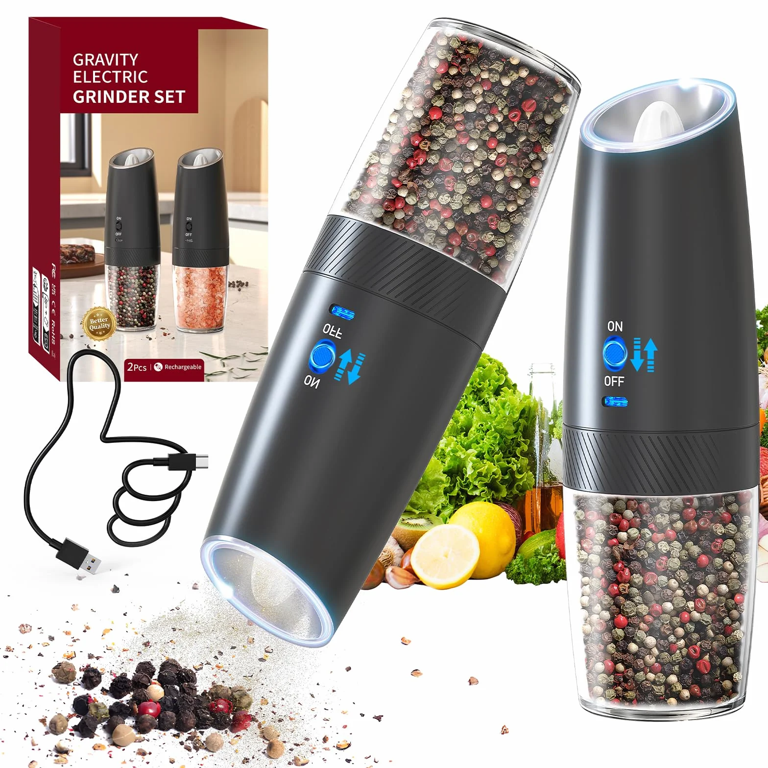HOTUT 2 Piezas Molinillo Pimienta Electrico, Núcleo de Cerámica Grosor Ajustable Molino de Especias con Luz LED, Détection de la gravité, Recargable por USB, con Cepillo y Paño de Limpieza - Negro