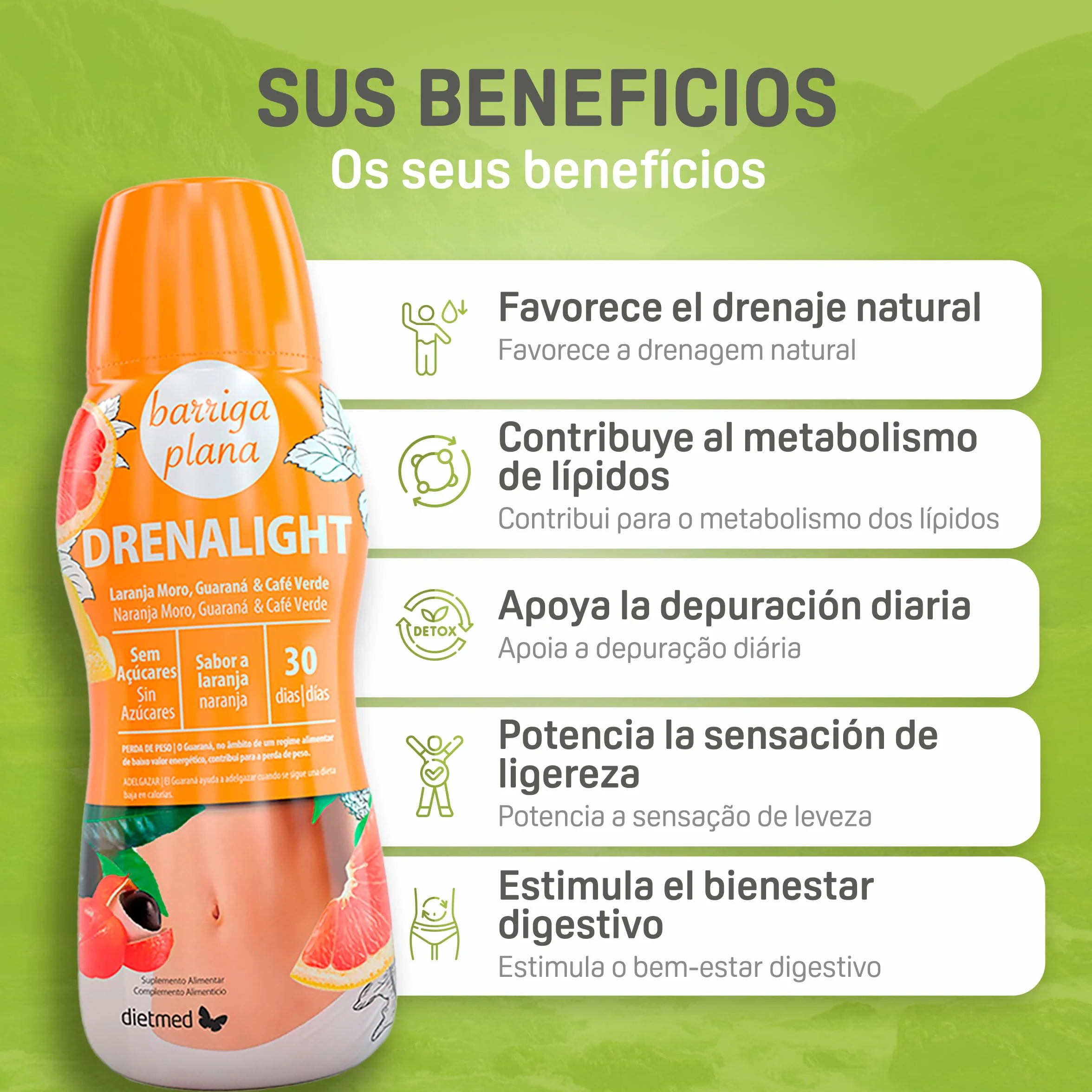 DietMed Drenalight Barriga Plana Solución Oral 600 ml Naranja Roja Moro 400 mg Guaraná 300 mg Café Verde 300 mg