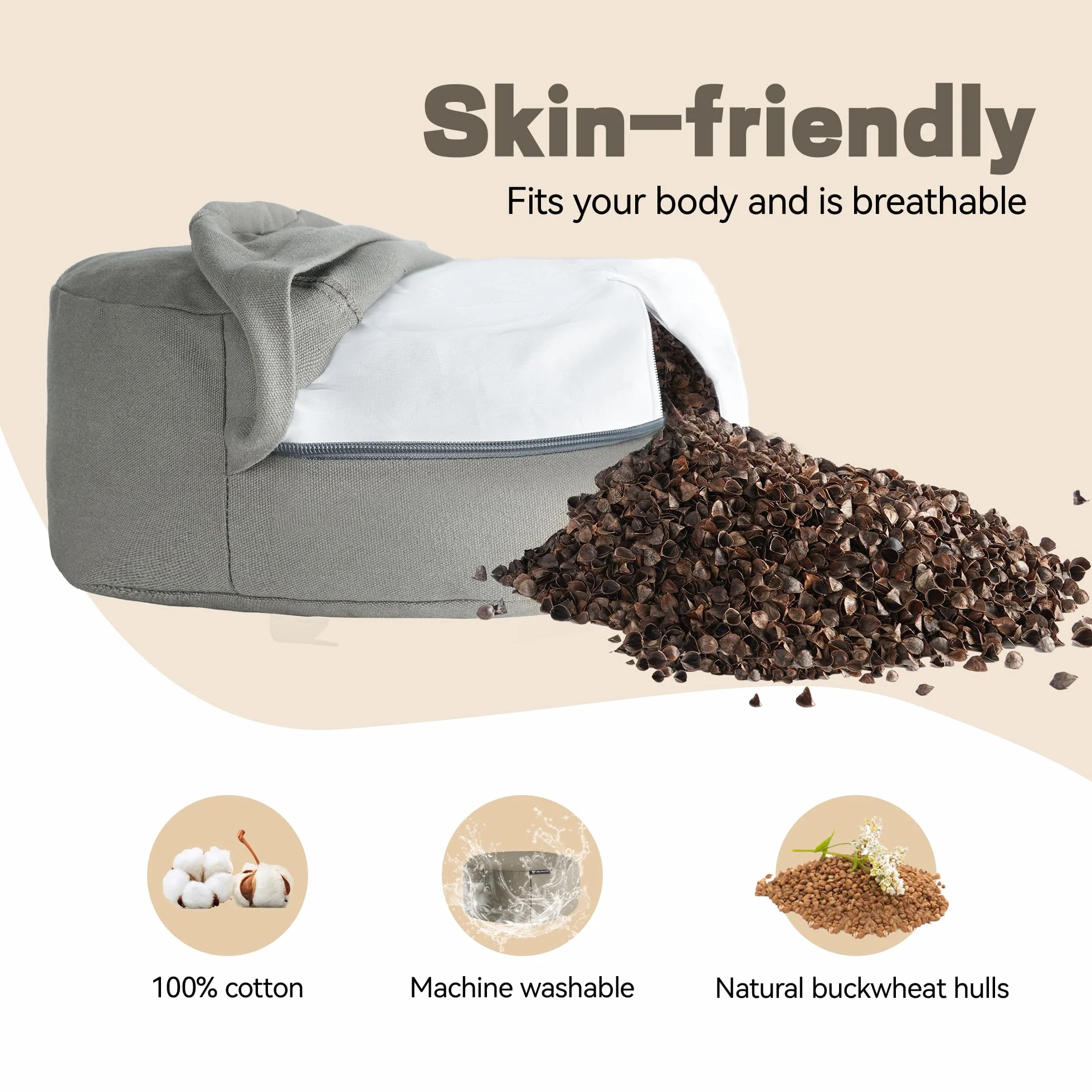 Hosuni Cojín de Meditación Redondo Relleno Natural de Escalas de Trigo Sarraceno Yoga Zafu Ergonómico Funda Algodón Lavable