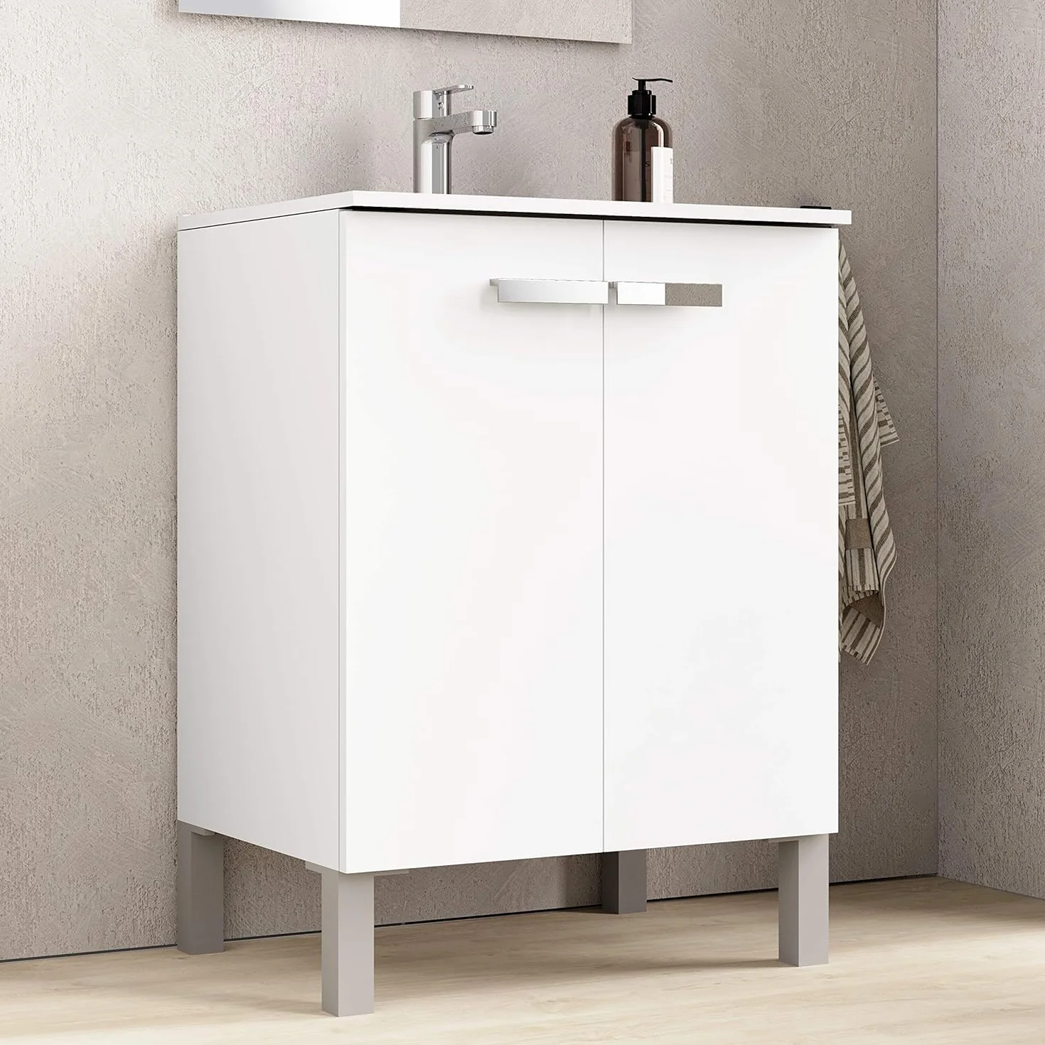 Baikal Mueble de Baño Neo, Dos Puertas, Mueble con Patas. Varios Acabados y Medidas. Melamina 16mm. Mueble MONTADO. 2 Puertas con Espejo 60 cm Blanco Mate
