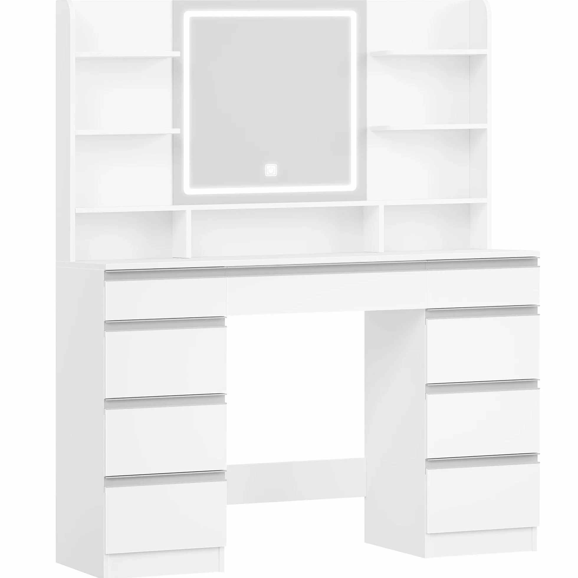 Tocador Grande con Iluminación LED, 3 Colores, Brillo Ajustable, Mesa de Maquillaje con Espejo, 9 Cajones, Estilo Moderno, Blanca-Plata