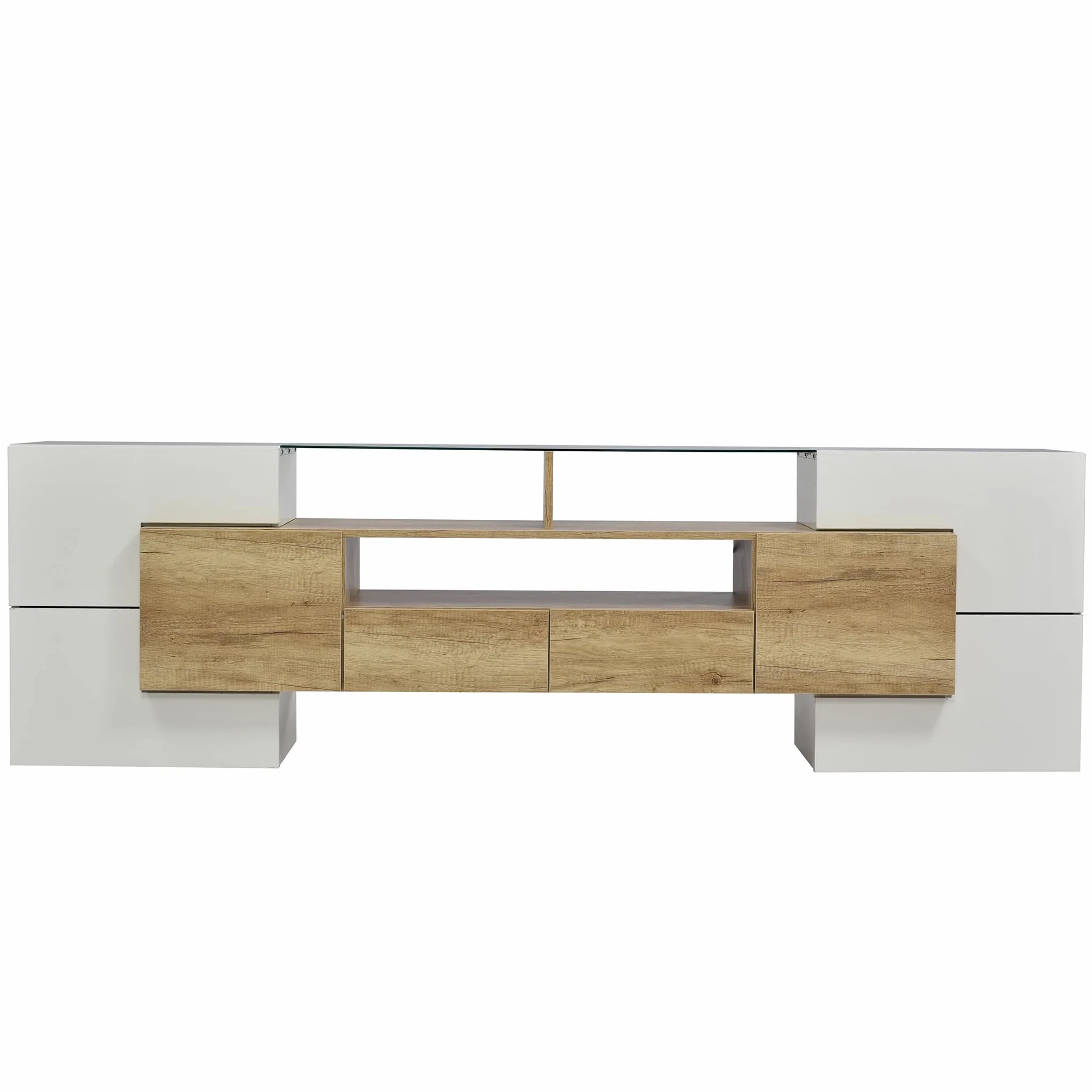 LAKFEW Mueble TV 200cm de hasta 85 Pulgadas con Iluminación LED y Almacenaje, Mueble TV Salon con 6 Puertas y 2 Cajones, Muebles TV con 3 Compartimentos, 200x35x60 cm, Blanco+Color Madera