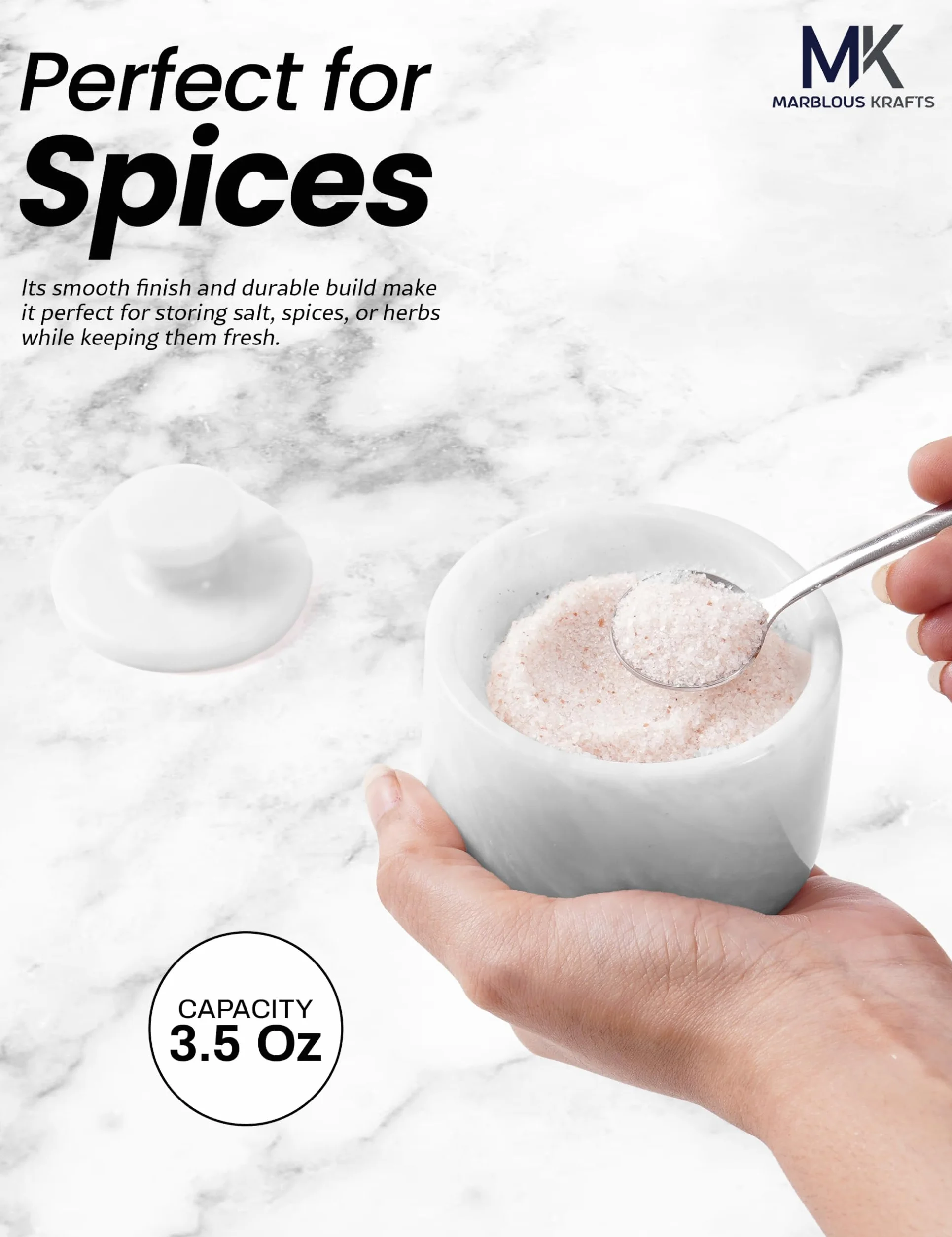 MARBLOUS KRAFTS Salero de mármol con tapa y cuchara de 3" blanco, recipiente pequeño para sal en escamas, tarro de condimentos, almacenamiento de especias para encimera, ideal para caja de sal, tarro