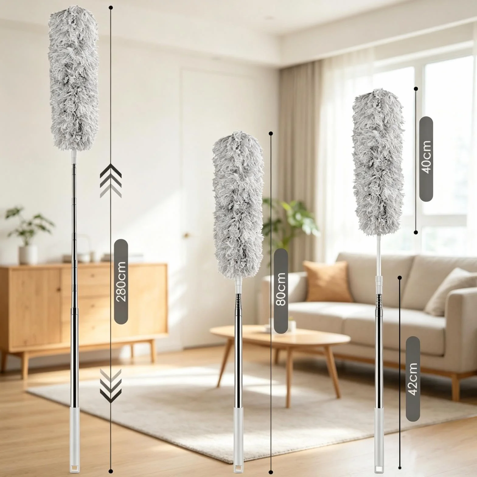 Uootach Plumero de Polvo, Plumero telescópico, hasta 2,8 m de Largo, colector de Polvo de Microfibra retráctil extralargo, fregona Plegable Lavable para Esquinas, techos, telaraña