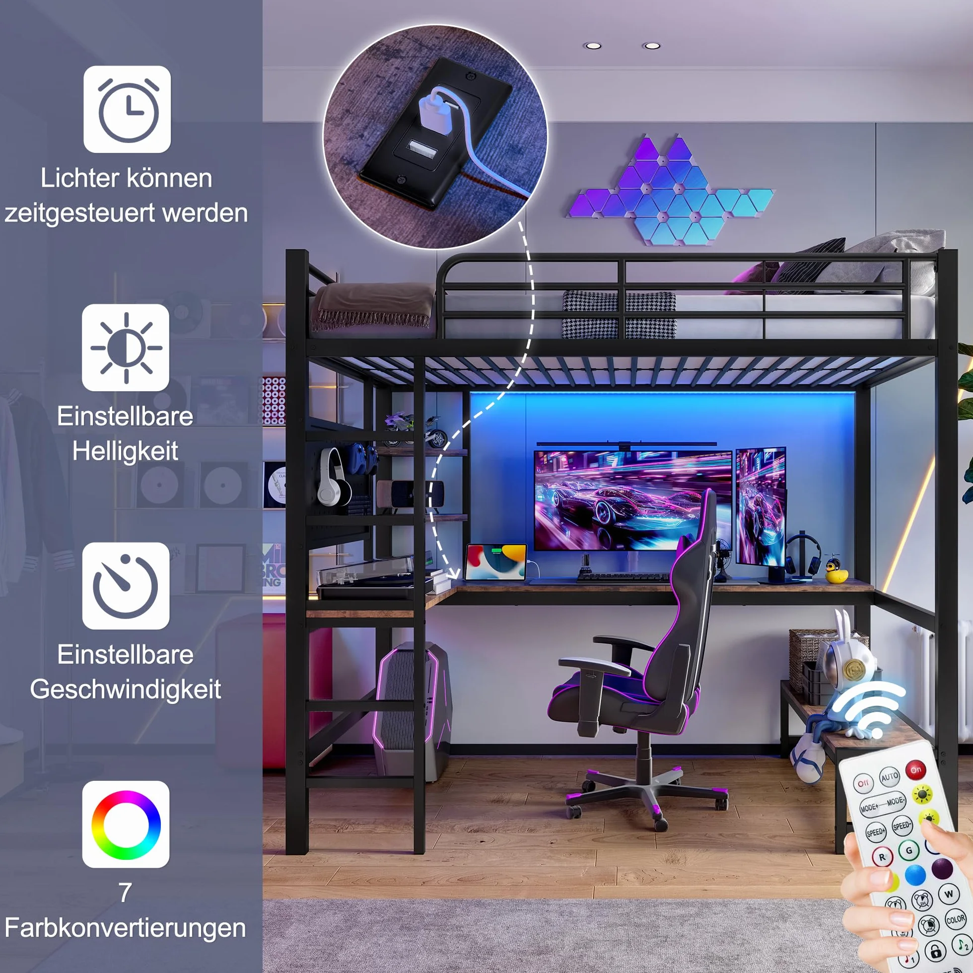 Lubvtti Cama alta 90x200, con escritorio, toma USB+TYPE-C, tira LED, estantes, panel perforado, cama apilable para niños, estructura de cama infantil de hierro (B-Negro)
