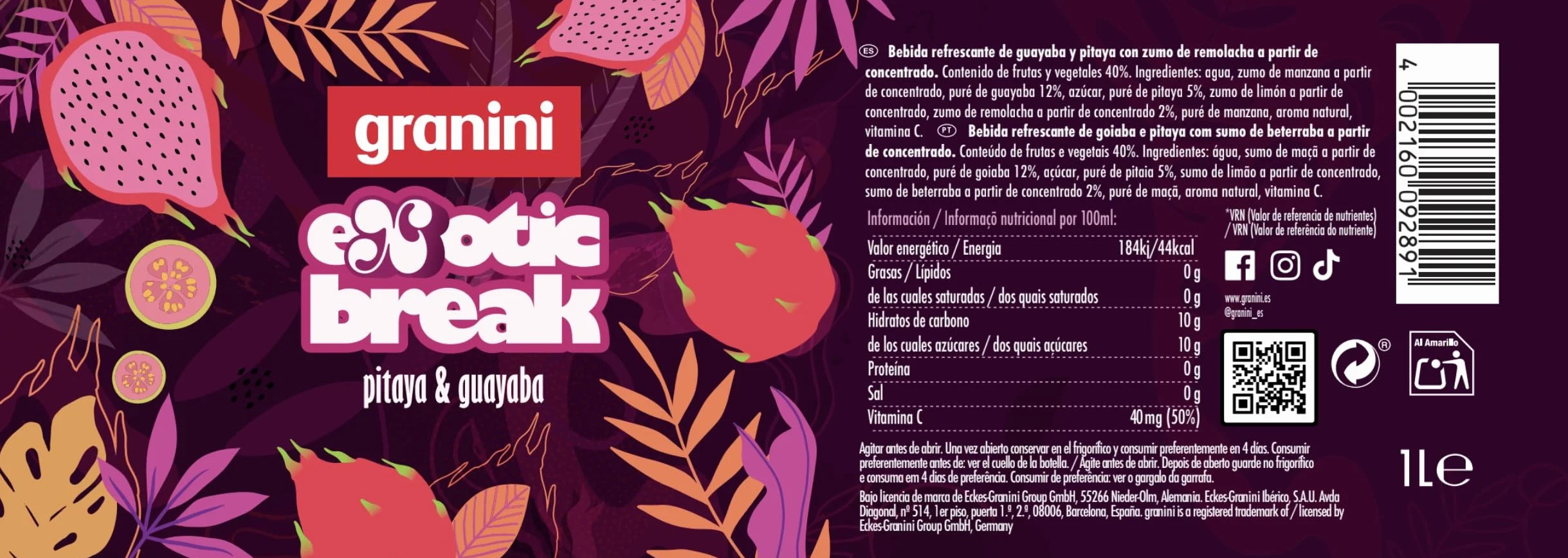 Granini Exotic Break Bebida de Pitaya y Guayaba con Zumo de Remolacha 1L