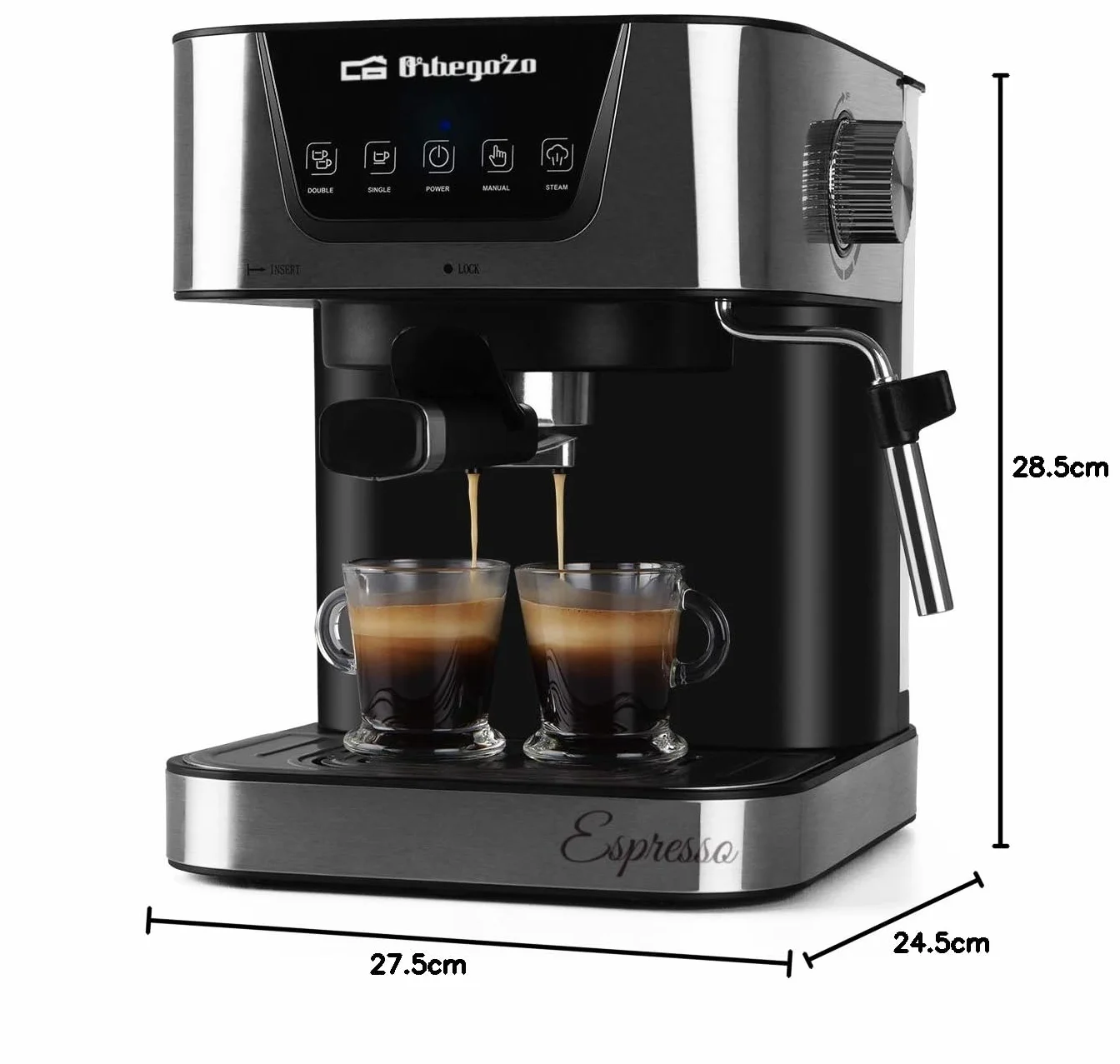 Orbegozo EX 6000, Cafetera express, 1050 W, depósito de agua extraíble 1,5 litros, 20 bar, panel control táctil, modos programados, café molido/monodosis, vaporizador, frontal inox, color plata