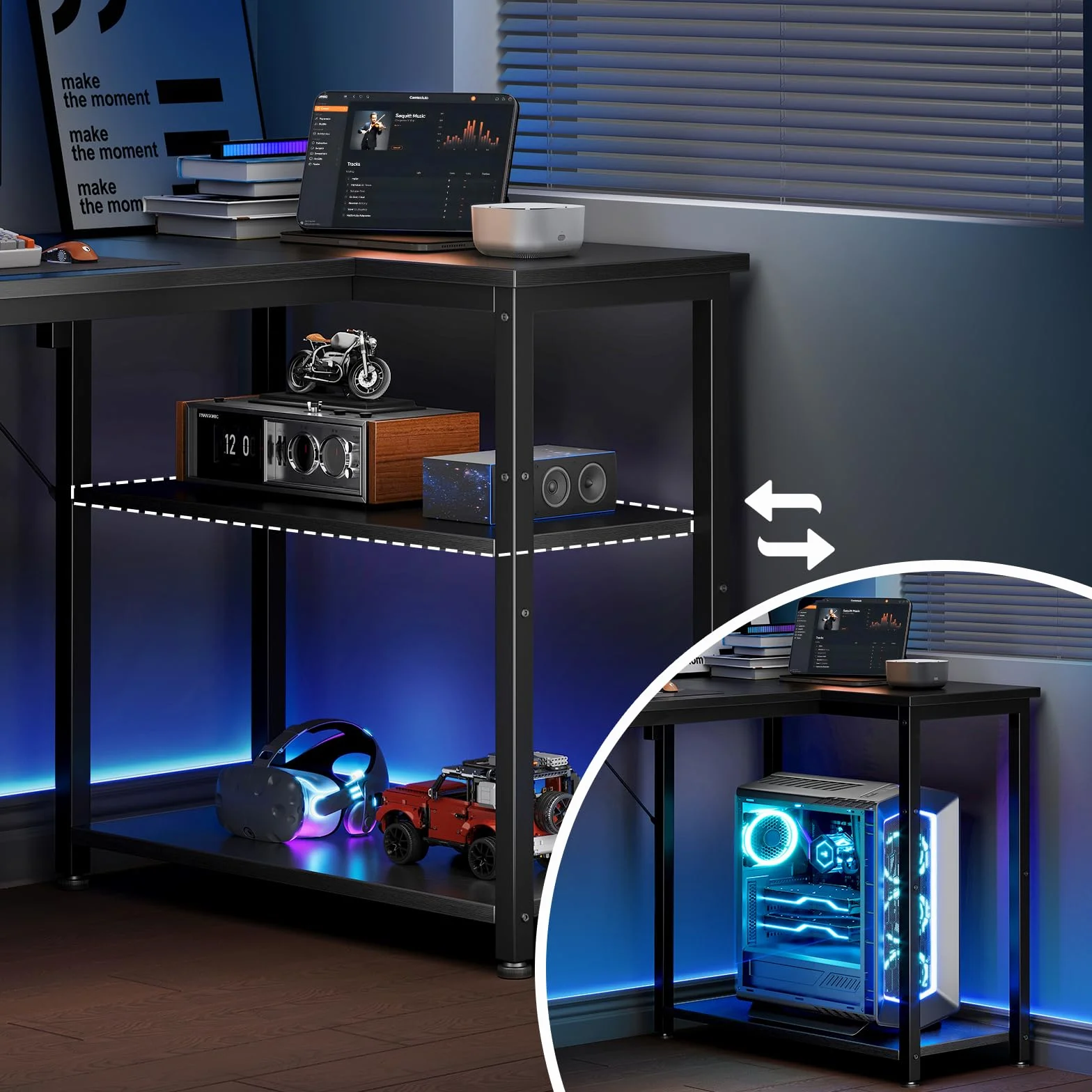 Coleshome Escritorio Gaming Esquinero 100x70cm con Estante Reversible, Negro