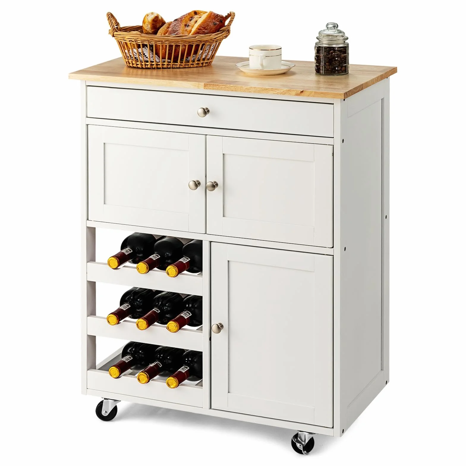 KOMFOTTEU Carro de Cocina de Madera, Carrito de Servicio con Ruedas, Mueble Isla Móvil con Cajón, Botellero de 3 Niveles y 2 Armarios, para Comedor, Bar, Restaurante, 67 x 37 x 86 cm (Blanco)