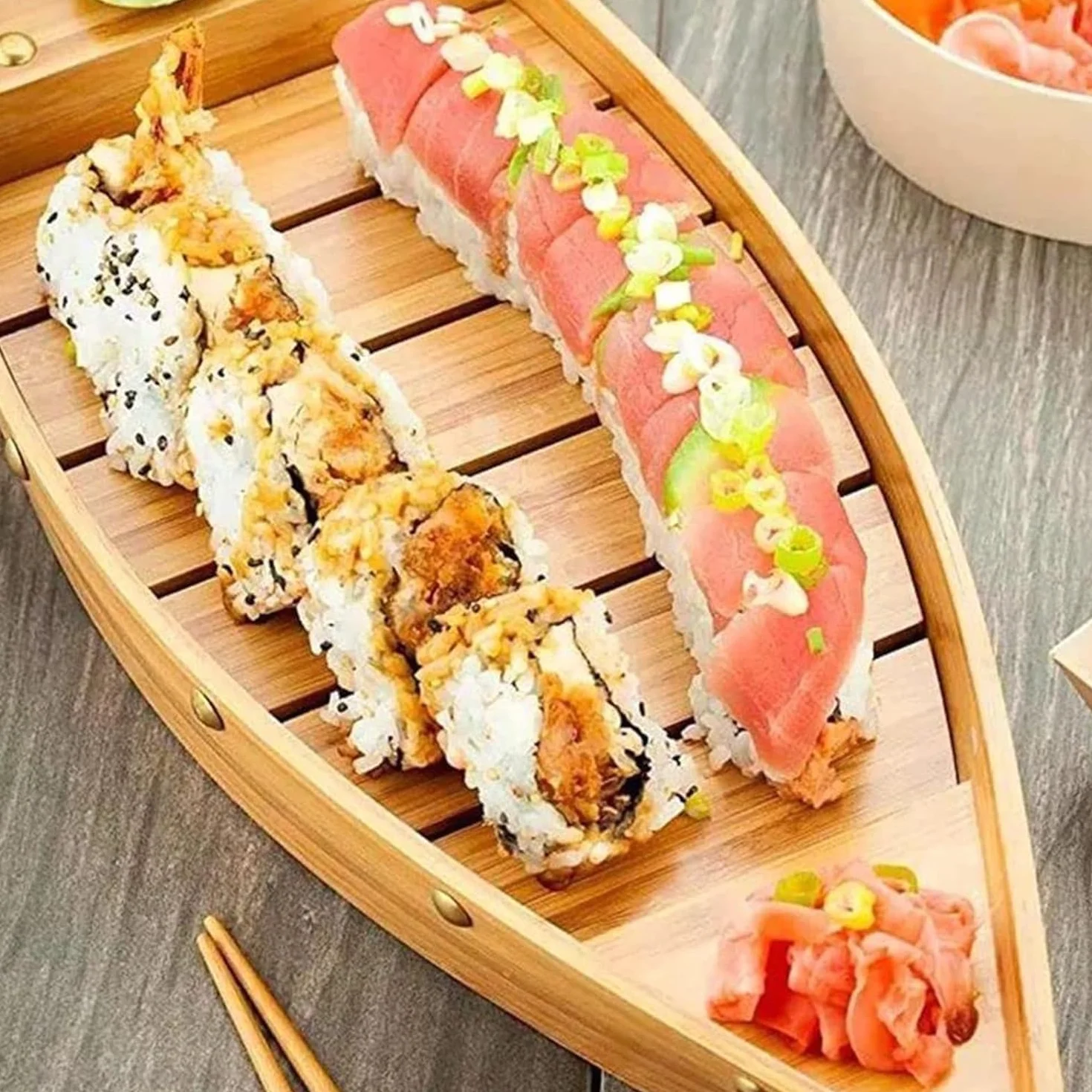 Barco De Bambú JaponéS para Sushi, Contenedor para SalmóN Y Marisco En Forma De Barco, Plato Grande para Servir Hielo Seco, para Restaurante O Plato Casero