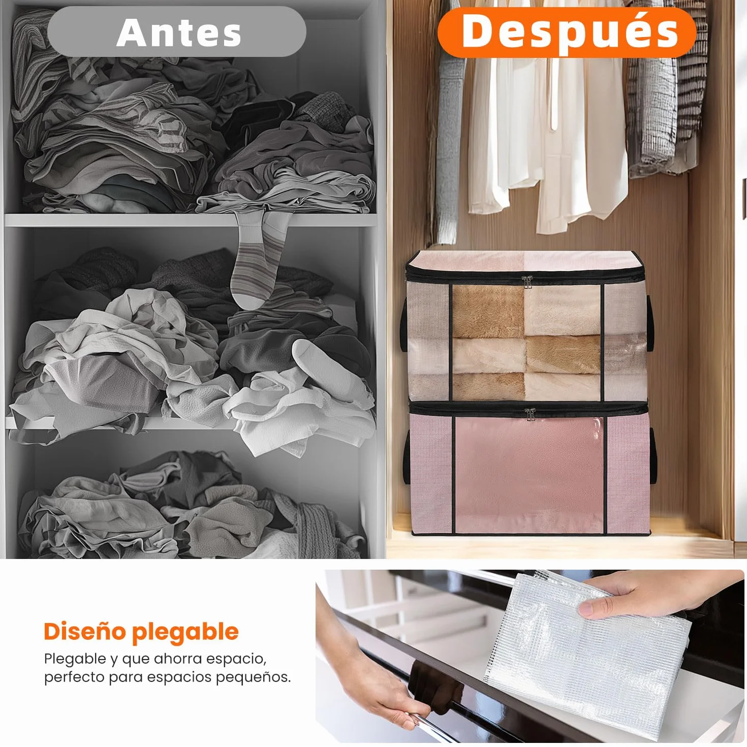 Organizador Ropa Transparente 60L Cajas Plegables Armario Bolsa Almacenamiento Mantas Juguetes