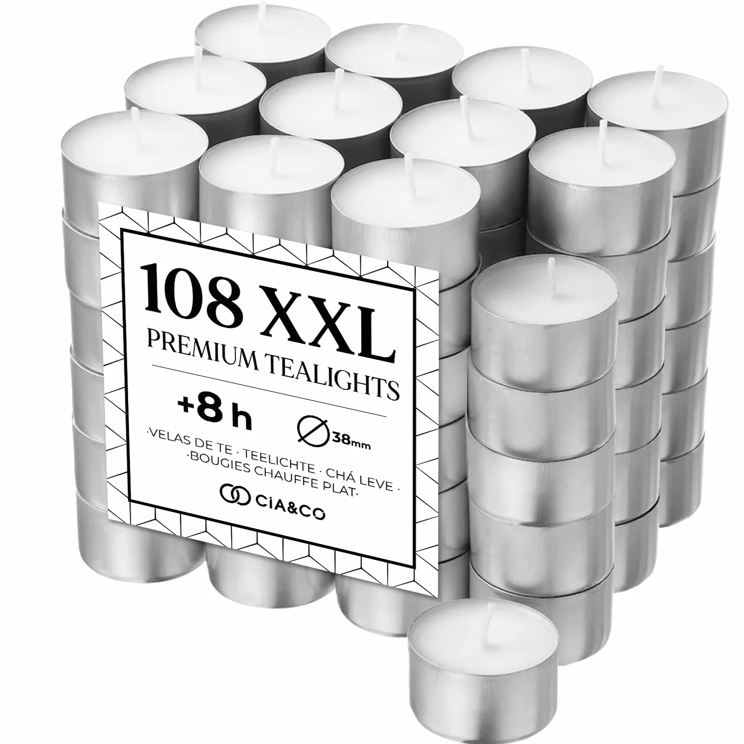 Velas de té 8 Horas XXL Larga Duración 100% Parafina Diámetro 38 mm Pack 108