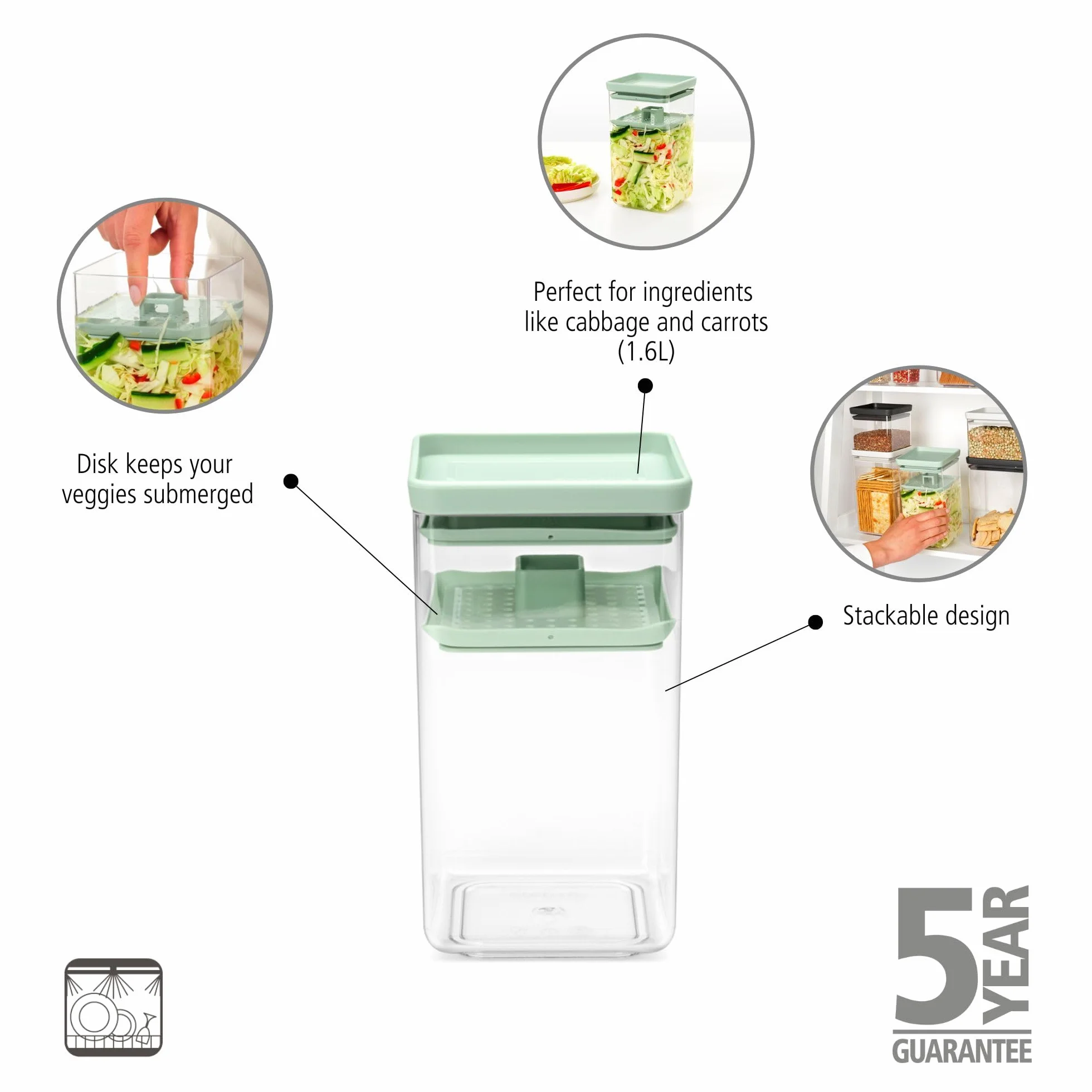 Brabantia TASTY Tarro de fermentación 1,6 L plástico con cierre de silicona y disco prensador para kimchi y chucrut Jade Green