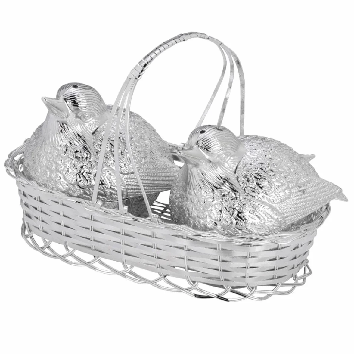 Salero y pimentero "Gorriones en la taza" plateado plateado | 14 x 8 x 11 cm | Elegante plata de mesa | Ideal como regalo