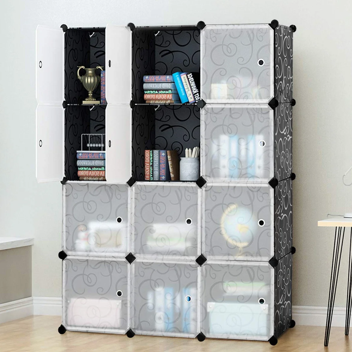 GOPLUS Mueble de almacenamiento 12 cubos 35x35 cm estante modular plástico apilable con puertas carga 10 kg