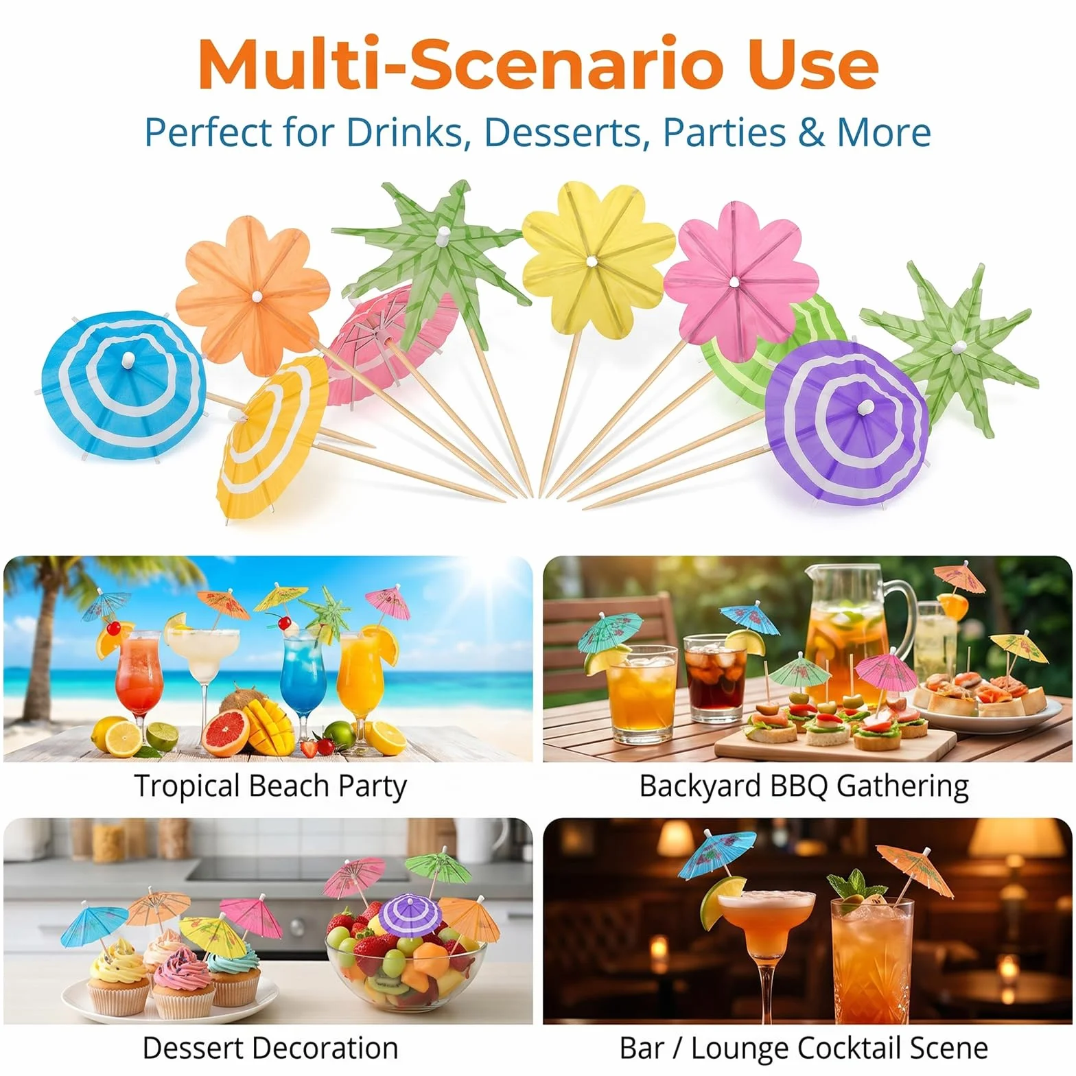 150 piezas de 3 estilos de paraguas de cóctel, mini paraguas para bebidas, palillos de dientes hawaianos, sombrilla de papel pequeña para decorar bebidas, decoración, palitos de bebidas