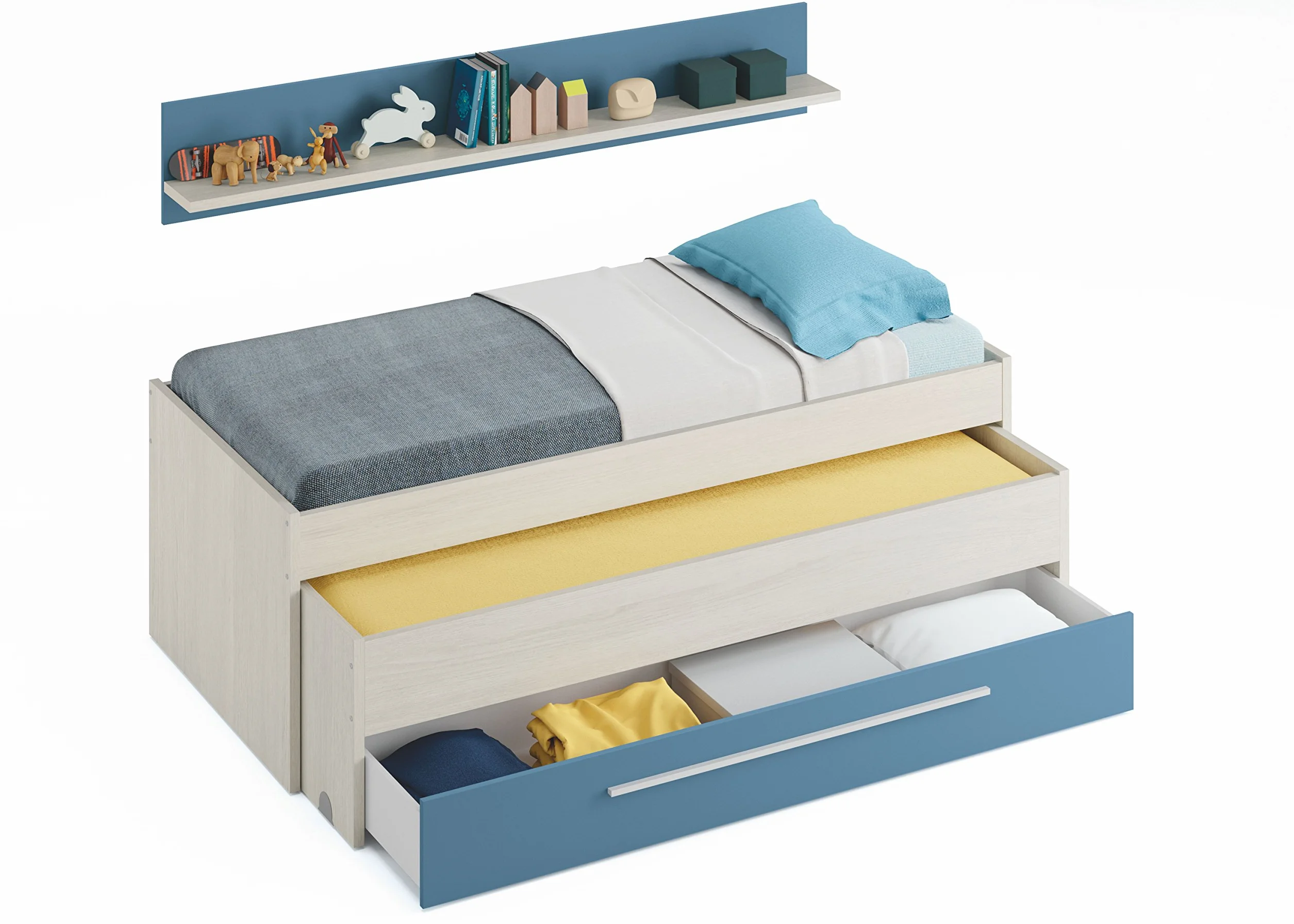 Miroytengo Pack habitación Juvenil con Cama Nido Estante de Pared, Armario y SOMIERES INCLUIDOS Color Blanco y Azul