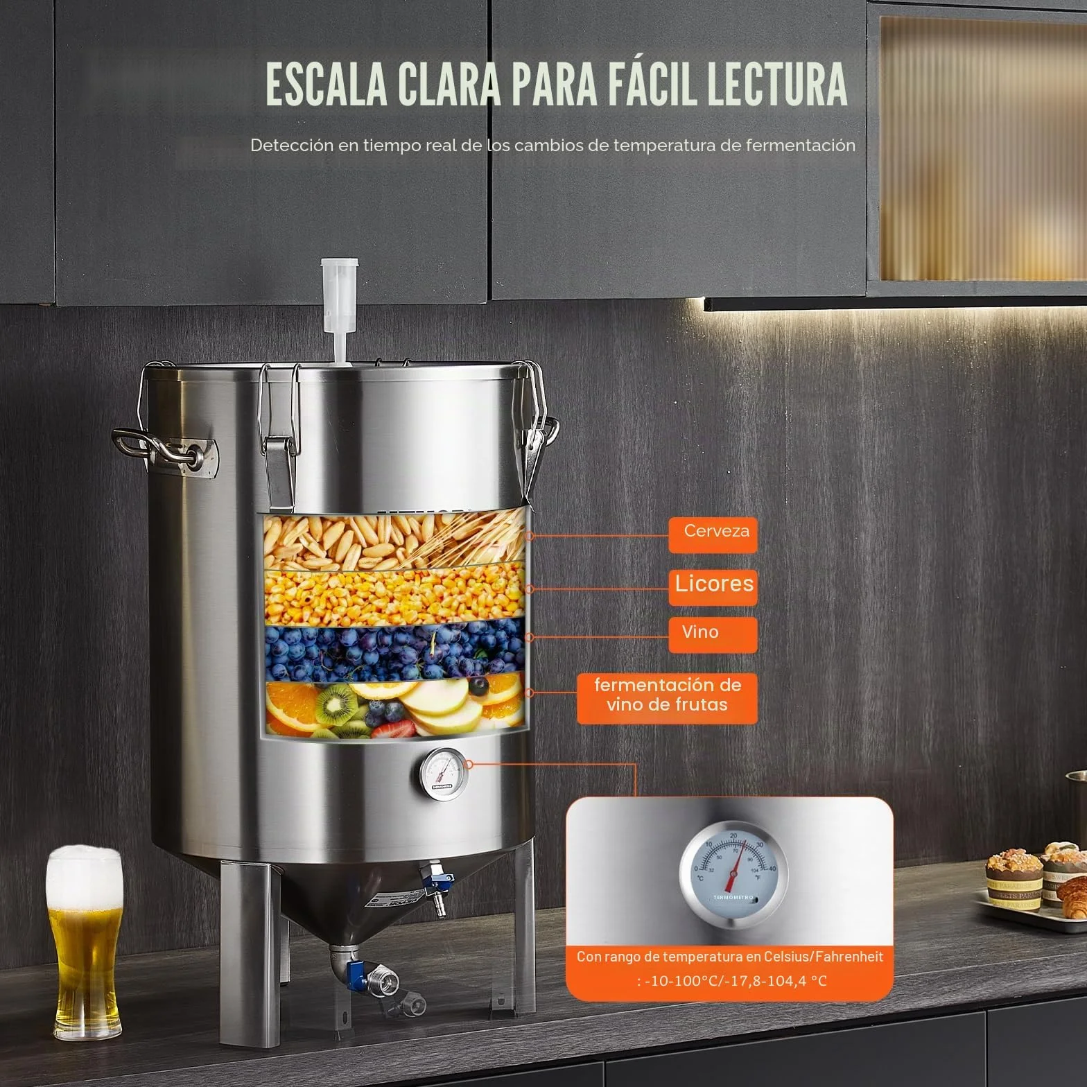 VEVOR Fermentador de Cerveza de 60L, Hervidor de Acero Inoxidable 304, Fermentador de Cubo de Cerveza para Elaboración de Cerveza, Suministros de Elaboración Casera con Base
