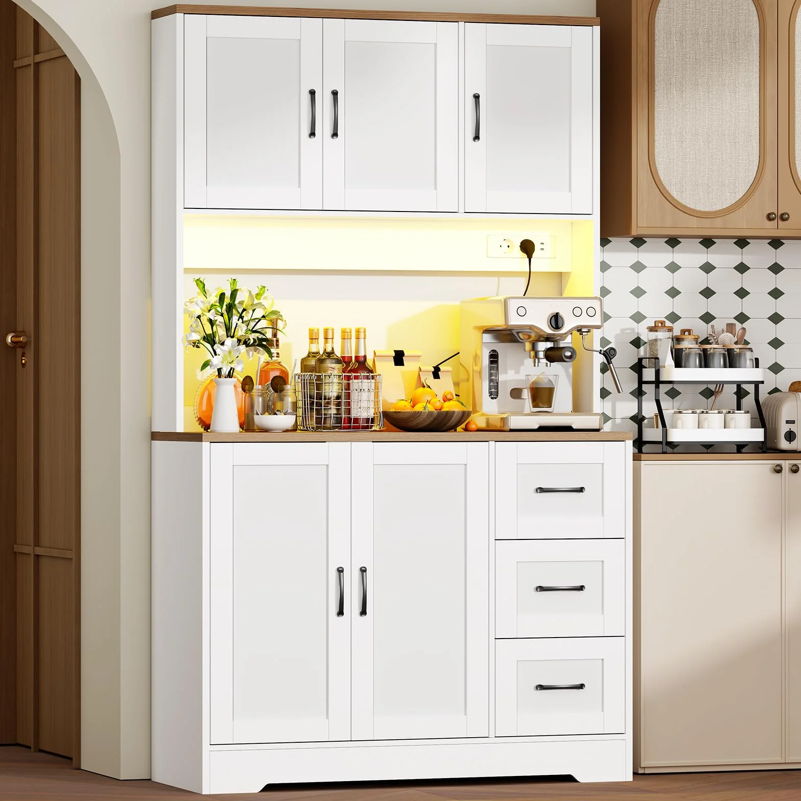 BEWISHOME Alacena de Cocina, Mueble Cocina Auxiliar con LED y Enchufes USB, Armario Cocina Alto con 5 Puertas y 3 Cajones, Estantes Regulables, para Cocina, Comedor o Salón, 100x40x180 cm, Blanco