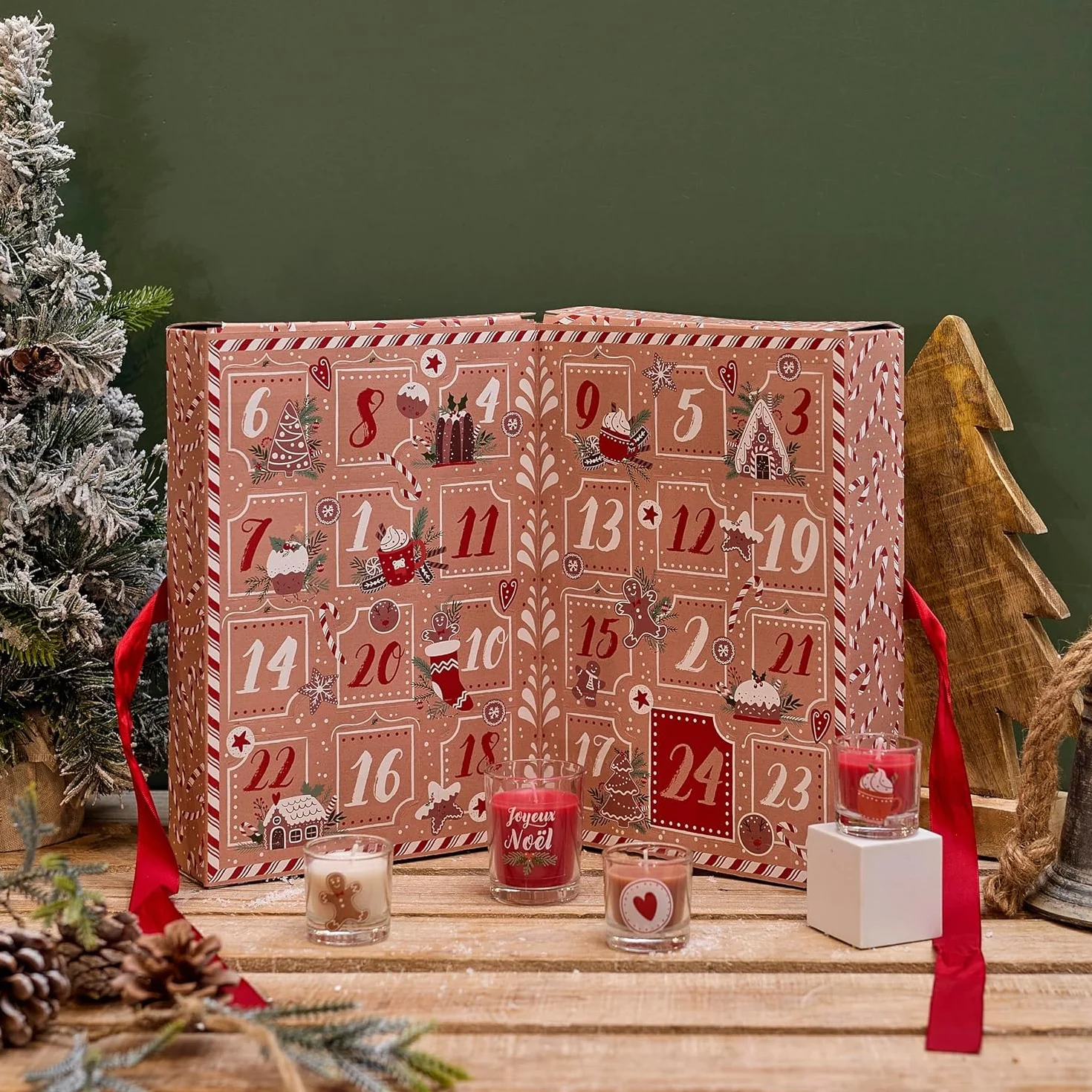 Calendario de Adviento con 24 velas perfumadas, rojo y kraft, colección de Navidad, para adultos y adolescentes