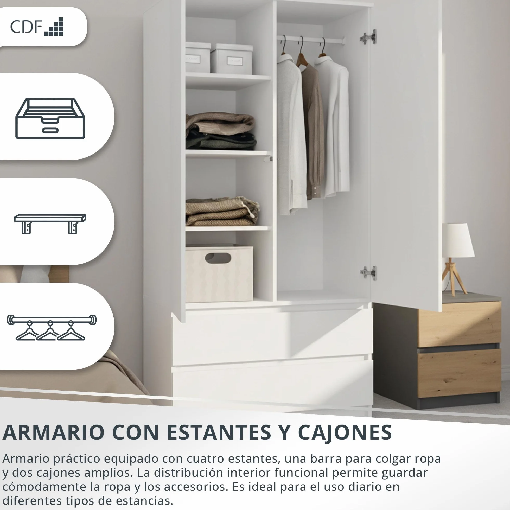 CDF Armario Dormitorio 90cm 2 Puertas 2 Cajones Armario Ropero Blanco Tablero Laminado 16 mm