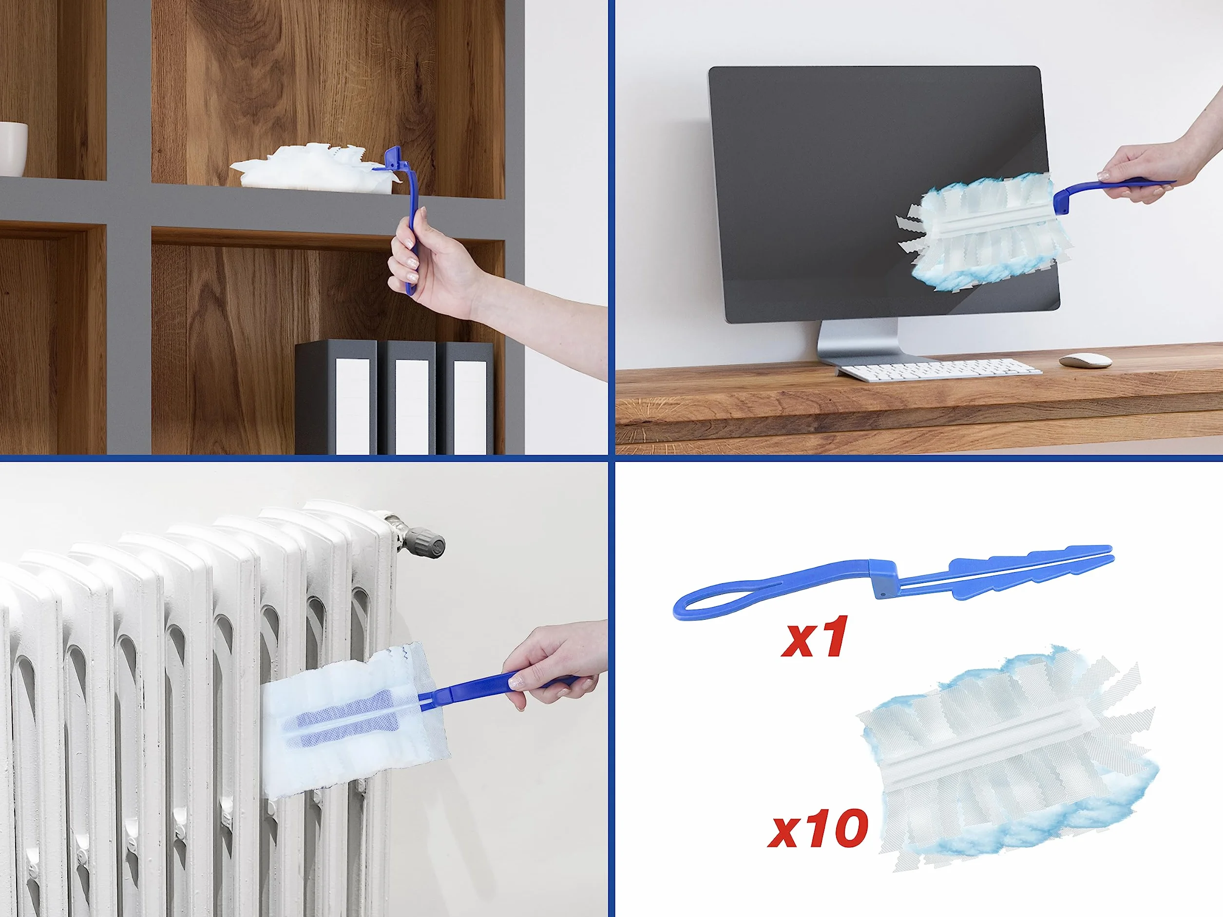 BEPER C203PUL004 Plumero Kit con 1 Mango Y 10 Recambios, Atrapa Y Retiene hasta 3 Veces Más El Polvo Y El Pelo, 10 Plumero de Polvo