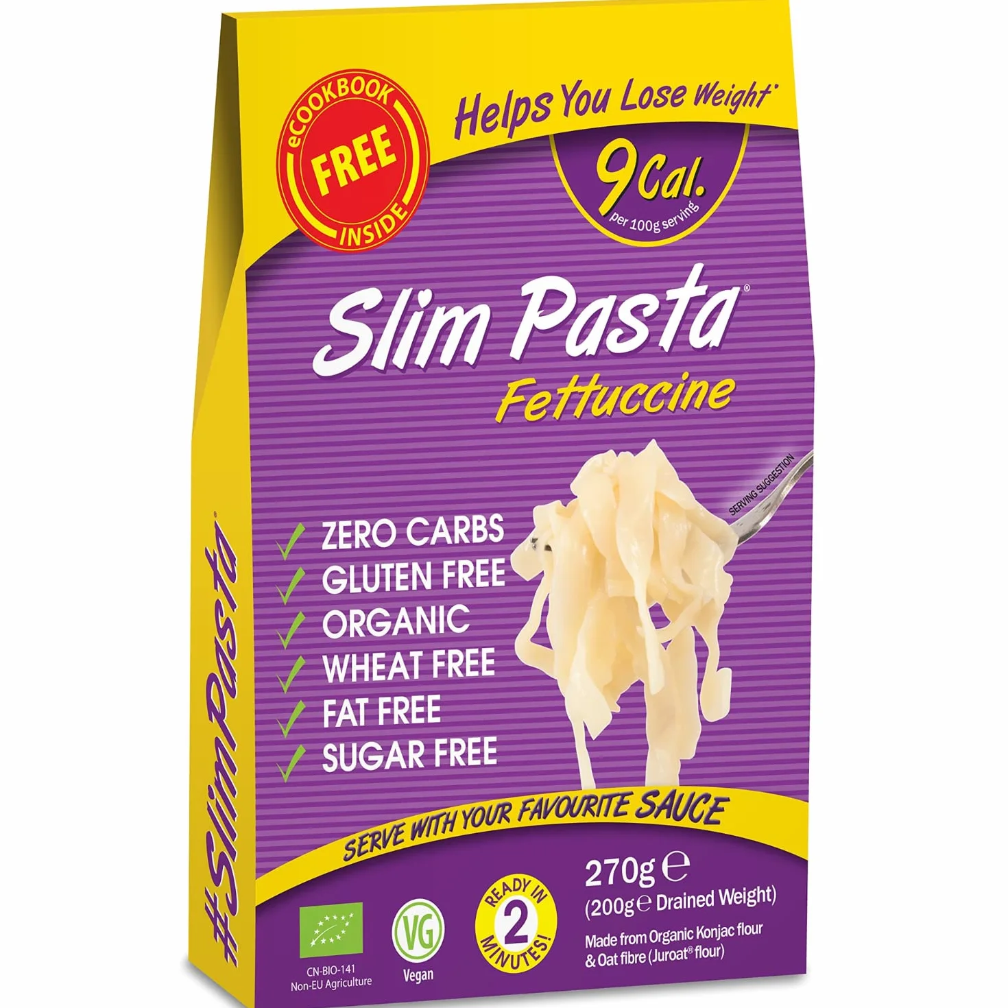 Slim Pasta Fettucines de Konjac 270 g Sin Calorías ni Carbohidratos Ideal para Dietas Keto y Low Carb Veganos