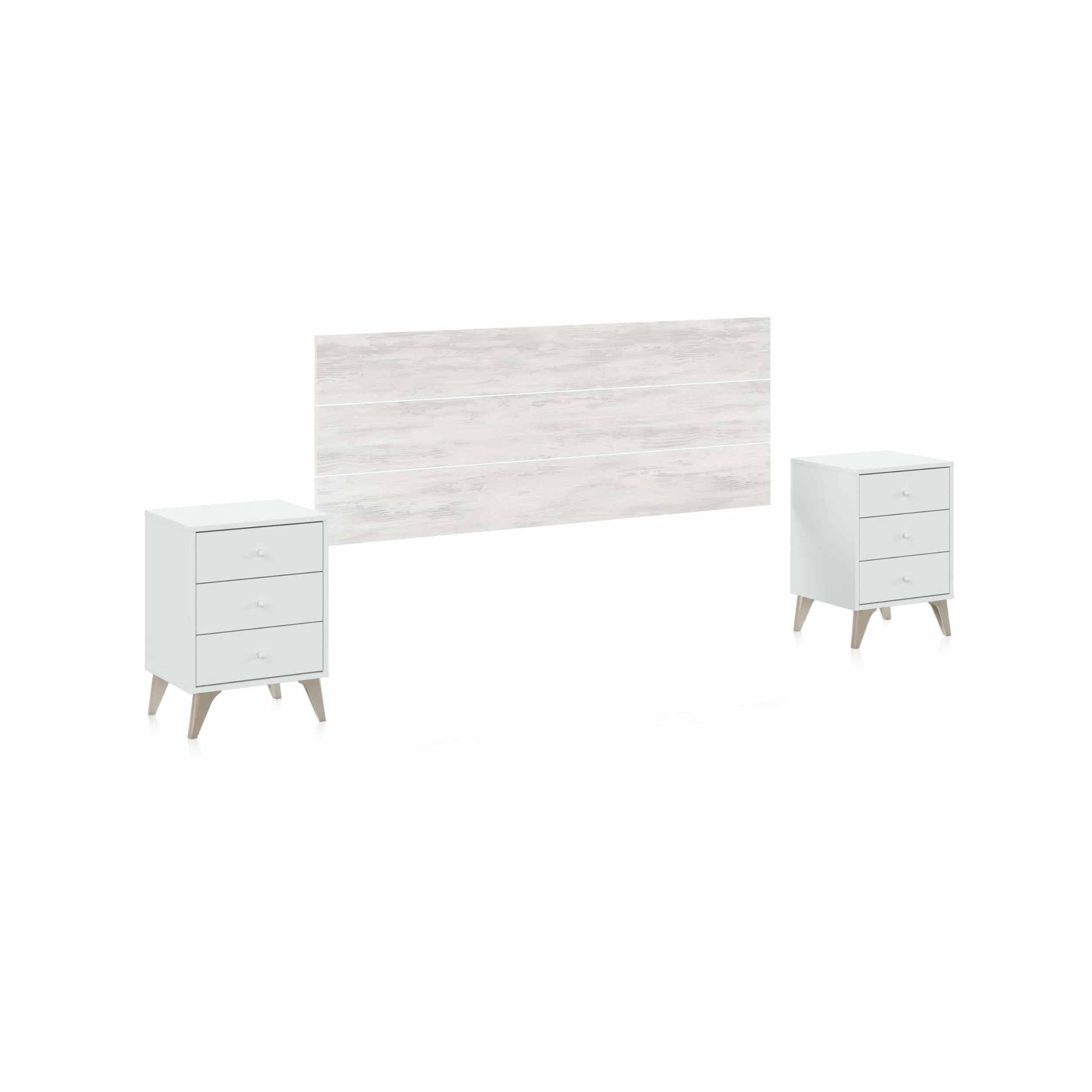 duehome | Pack Cabecero y 2 Mesitas de Noche, Dormitorio Doble, Dormitorio Completo, Modelo Iconic, Acabado en Blanco Artik y Blanco Velho