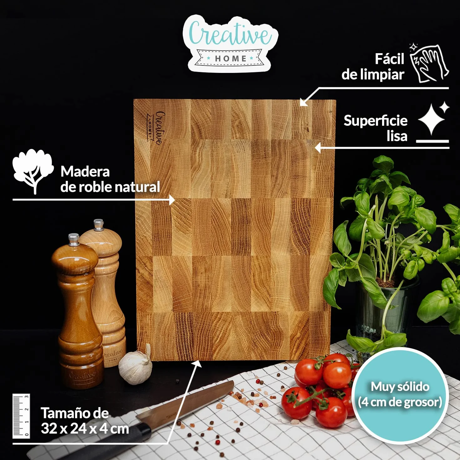 Creative Home Tabla de Cortar de Madera Grande 32 x 24 x 4 cm Roble Natural Bloque de Carnicero Profesional Reversible