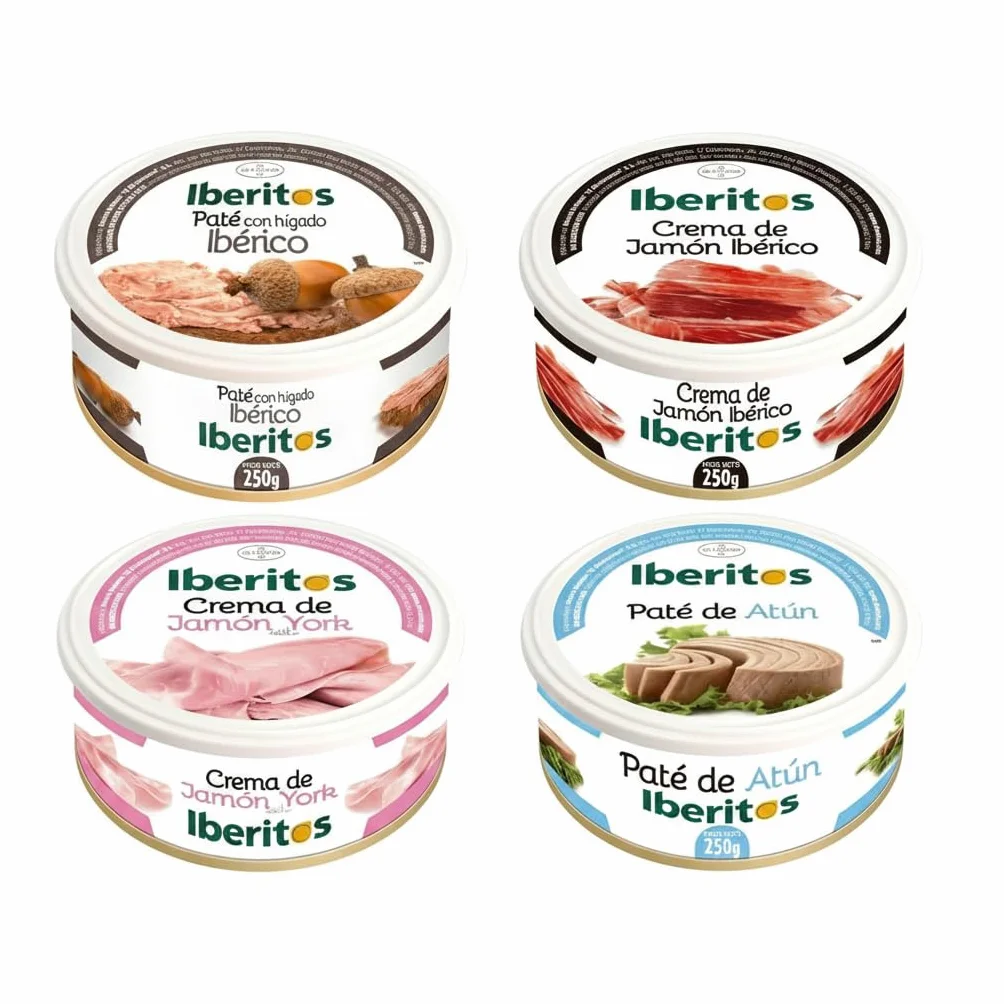 Iberitos Pack Variado 4 Tarrinas 250g Paté de Hígado Ibérico Crema Jamón Ibérico Jamón York Atún Lote Familiar 1kg