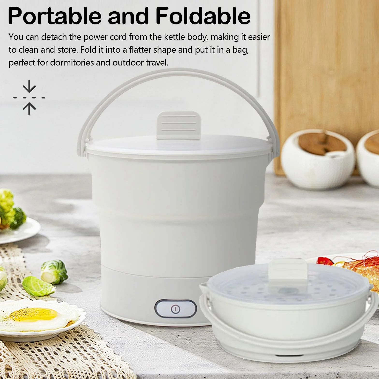 Olla Caliente Eléctrica Plegable 1L Acero Inoxidable con Vaporera para Acampar