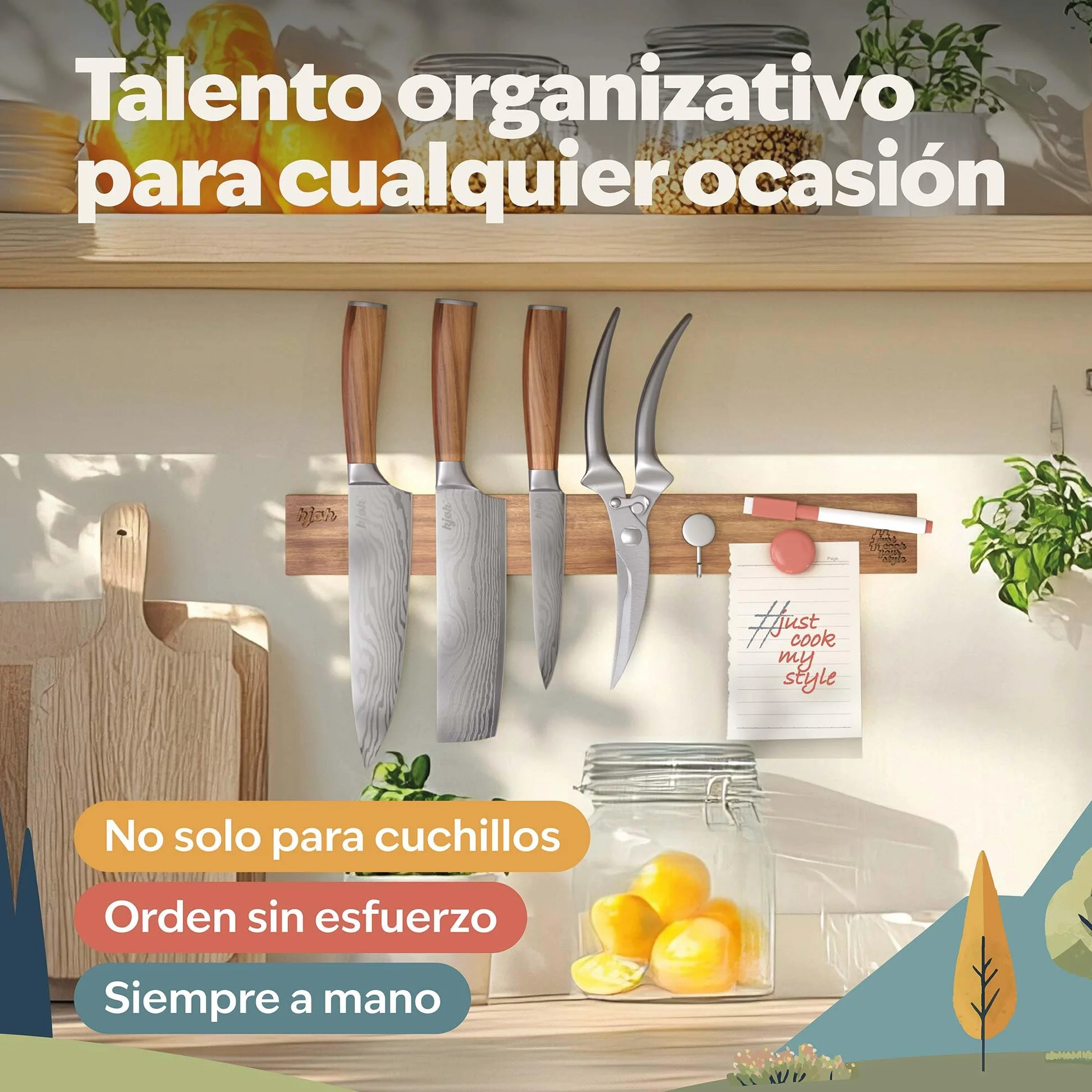 kjøk Barra Magnética para Cuchillos de Madera de Acacia – soporte magnético de pared para cuchillos, tijeras y utensilios – montaje con adhesivo o tornillos, accesorios incluidos