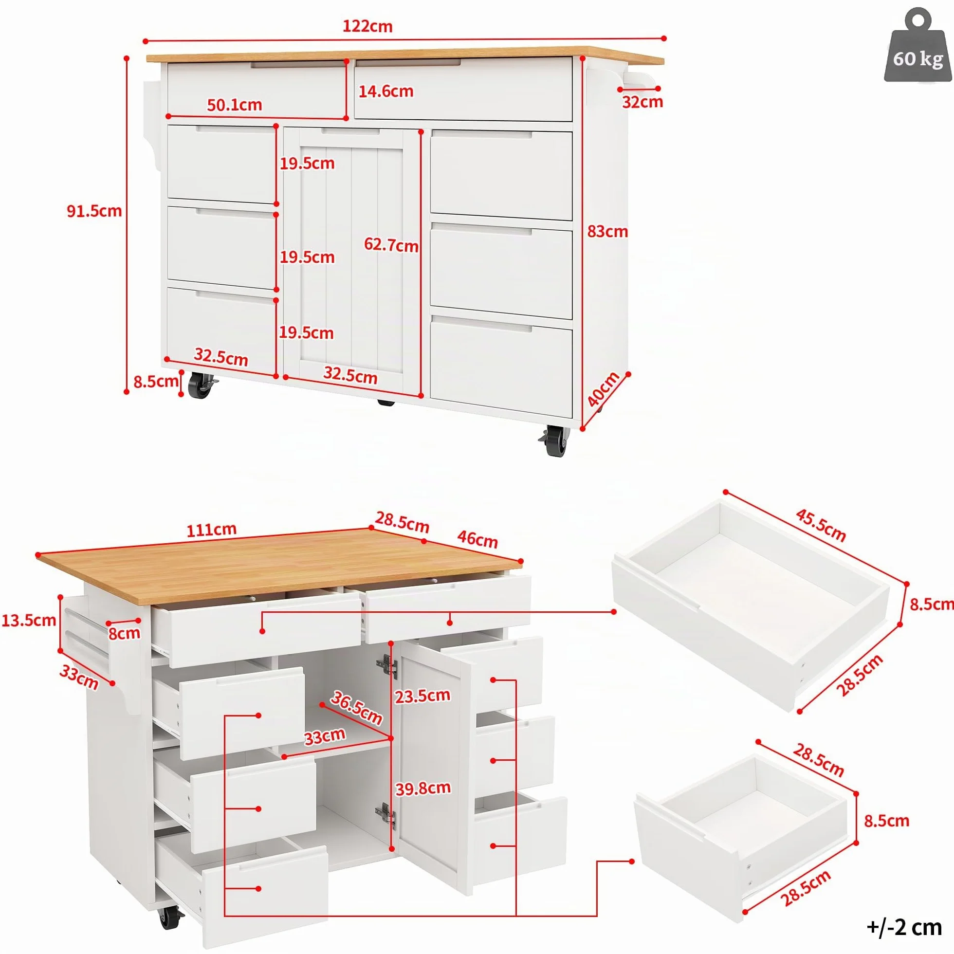 KAZZIO Isla de cocina moderna, armario de cocina, carrito de cocina extensible con ruedas y encimera, carrito de servir con estante para especias y 8 cajones (blanco)