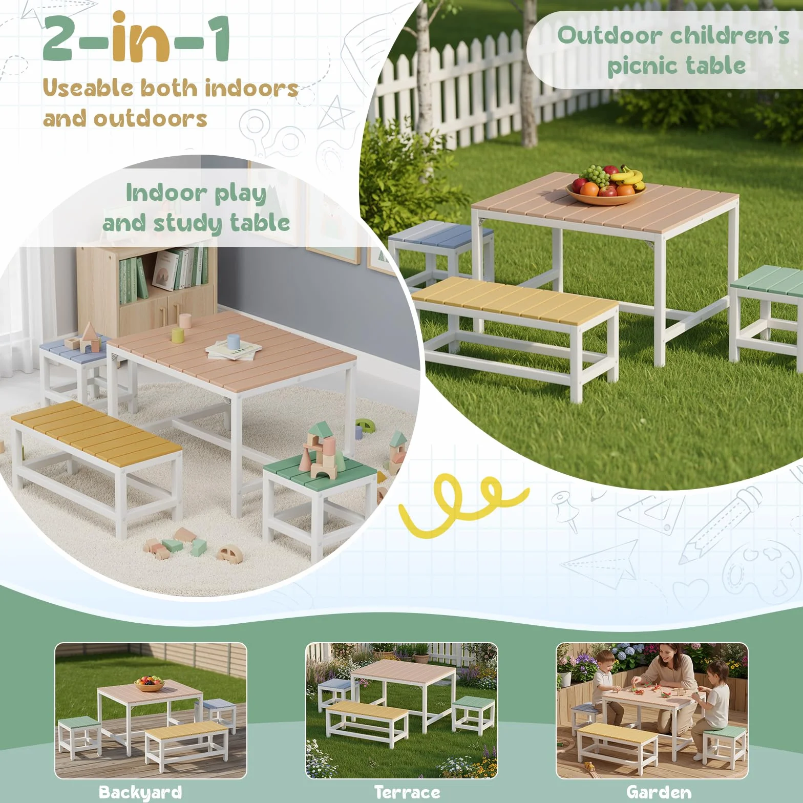 MAMIZO Mesa y Sillas de Terraza Infantiles de Madera con Cubierta Impermeable, 2 PCS Taburetes para Niños 3+