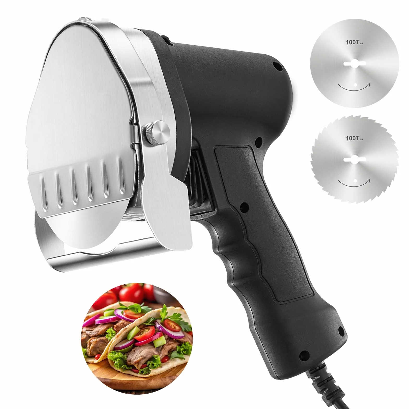 FOHERE Cortadora De Kebab Eléctrica, Cortadora De Shawarma De 80W con 2 Cuchillas, Máquina De Cuchillas Ajustable De 0-8 Mm De Grosor, para Kebab Turco Y Cordero, para Restaurante, Snack-Bar
