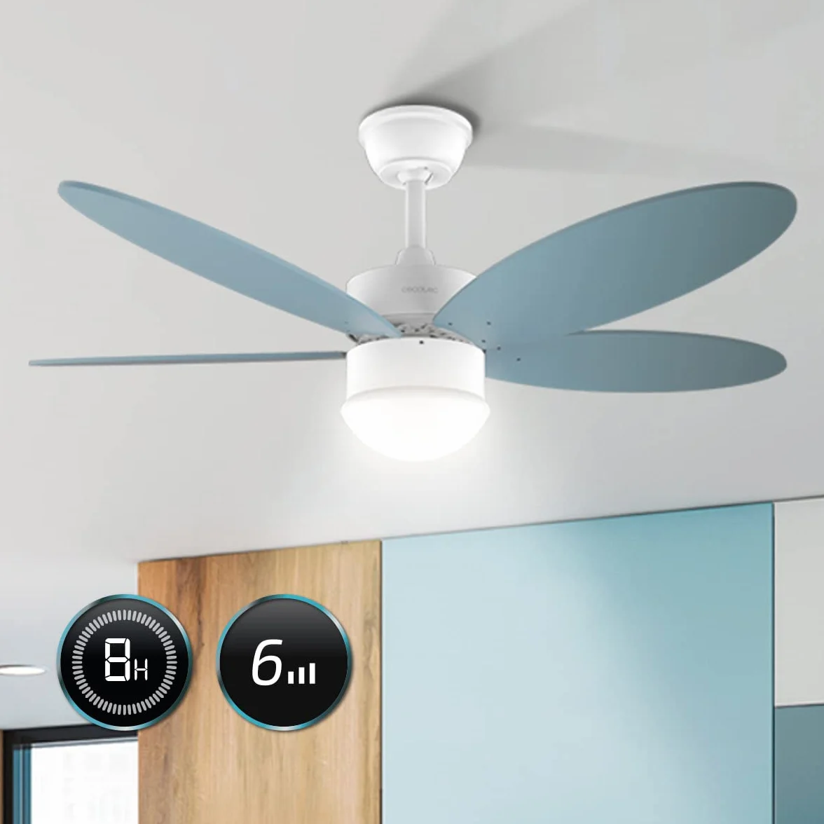 Cecotec Ventilador de Techo con Luz EnergySilence Aero 4260 Sky. 40 W, Motor DC, Diámetro 42” con 5 Aspas Reversibles, Luz LED, Mando a distancia, Temporizador, 6 Velocidades