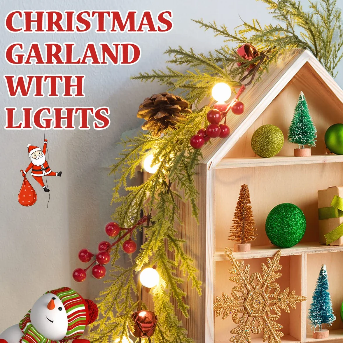 Quntis 1.75M Guirnalda de Navidad Artificial con Luces, 20 LED Guirnalda de Plástico con Pilas/Batería, para Puerta Delantera, Chimenea, Escalera, Mesa, Porche, Interior de Vacaciones, Pino