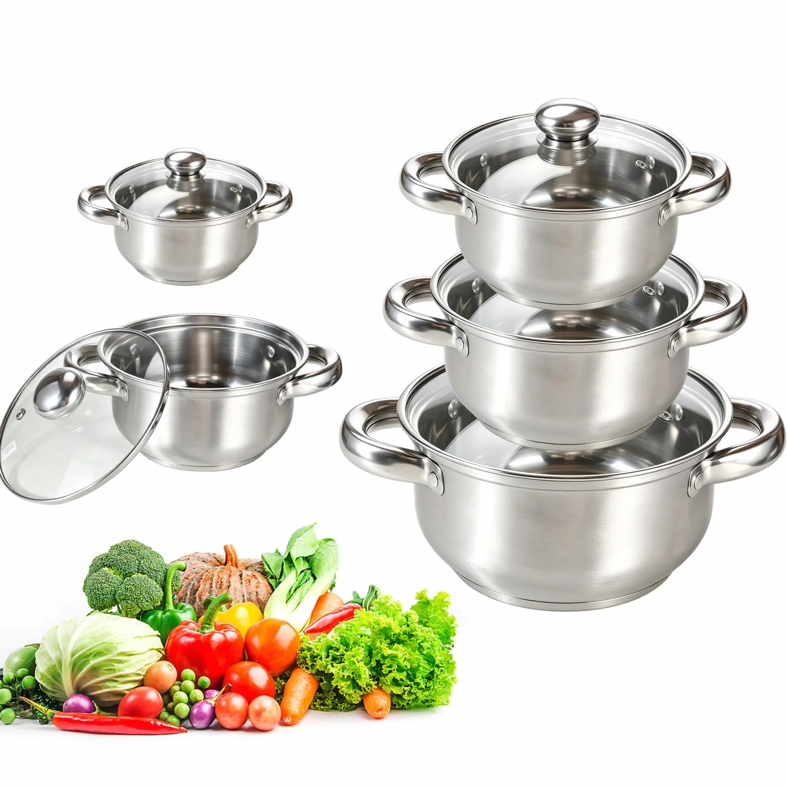 Set 5 Piezas Cacerolas Ollas Cazo Acero Inoxidable Inducción | Tapas Vidrio, Apto Todo Tipo Cocinas, Horno y Lavavajillas, Mango Antitérmico, Distribución Uniforme Calor, Fácil Limpieza