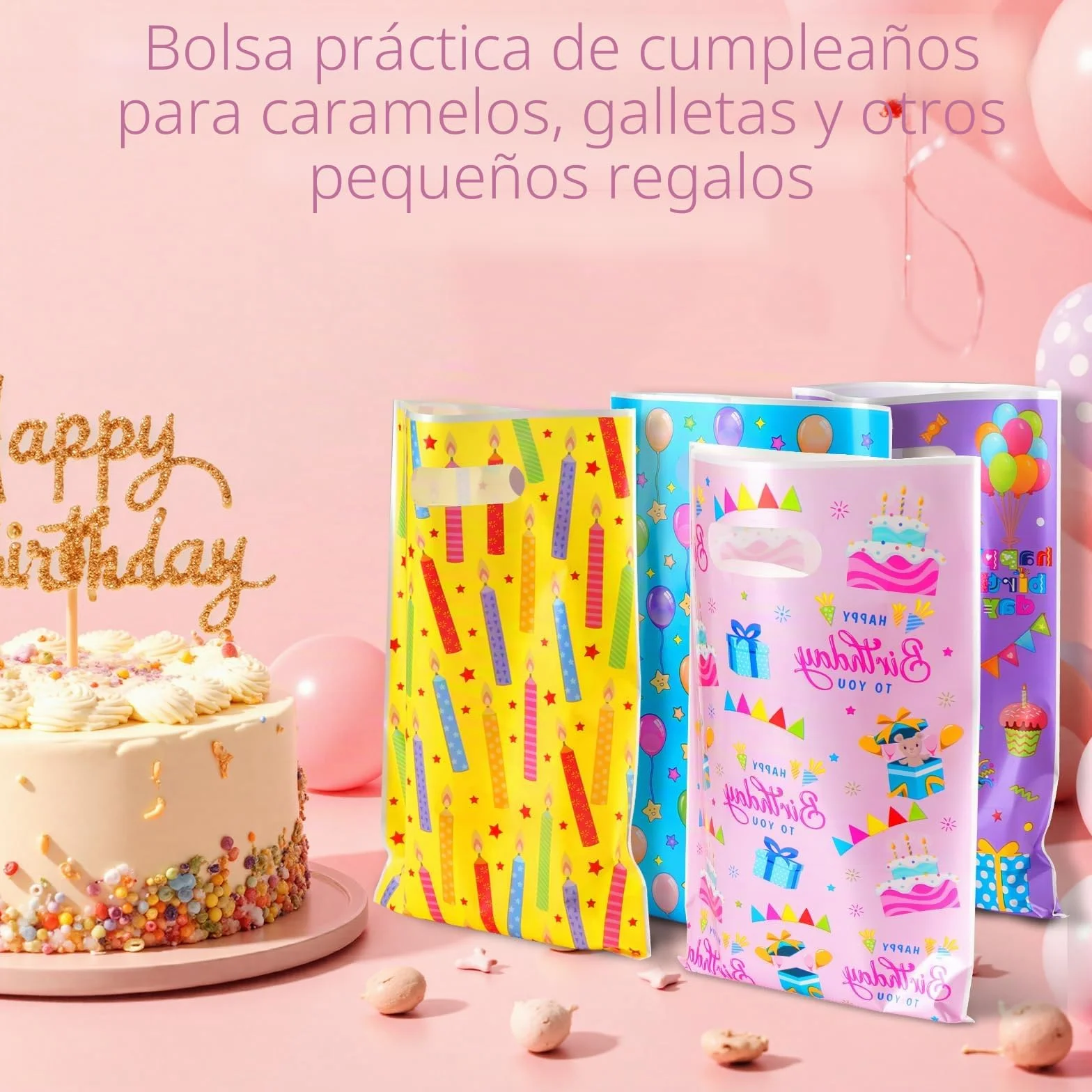 Annhao 50 Piezas Bolsas Cumpleaños Infantil, Bolsas Regalo Cumpleaños de Chuches Galletas, Bolsitas Infantiles para Regalos Fiestas de Cumpleaños, Navidad, Bodas, Celebraciones (4 Colores)