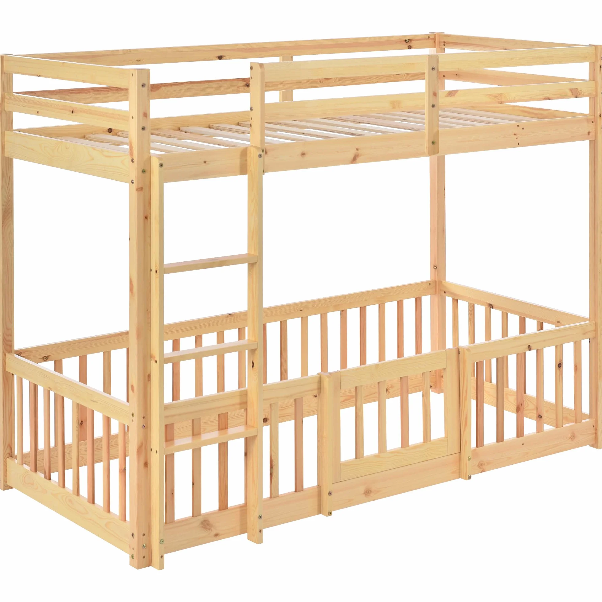 Lubvtti Litera Infantil 90 x 200 cm,Cama para niños con protección anticaídas y barandilla,Estructura Cama 90x200,Cama Superior con somier de láminas, Natural