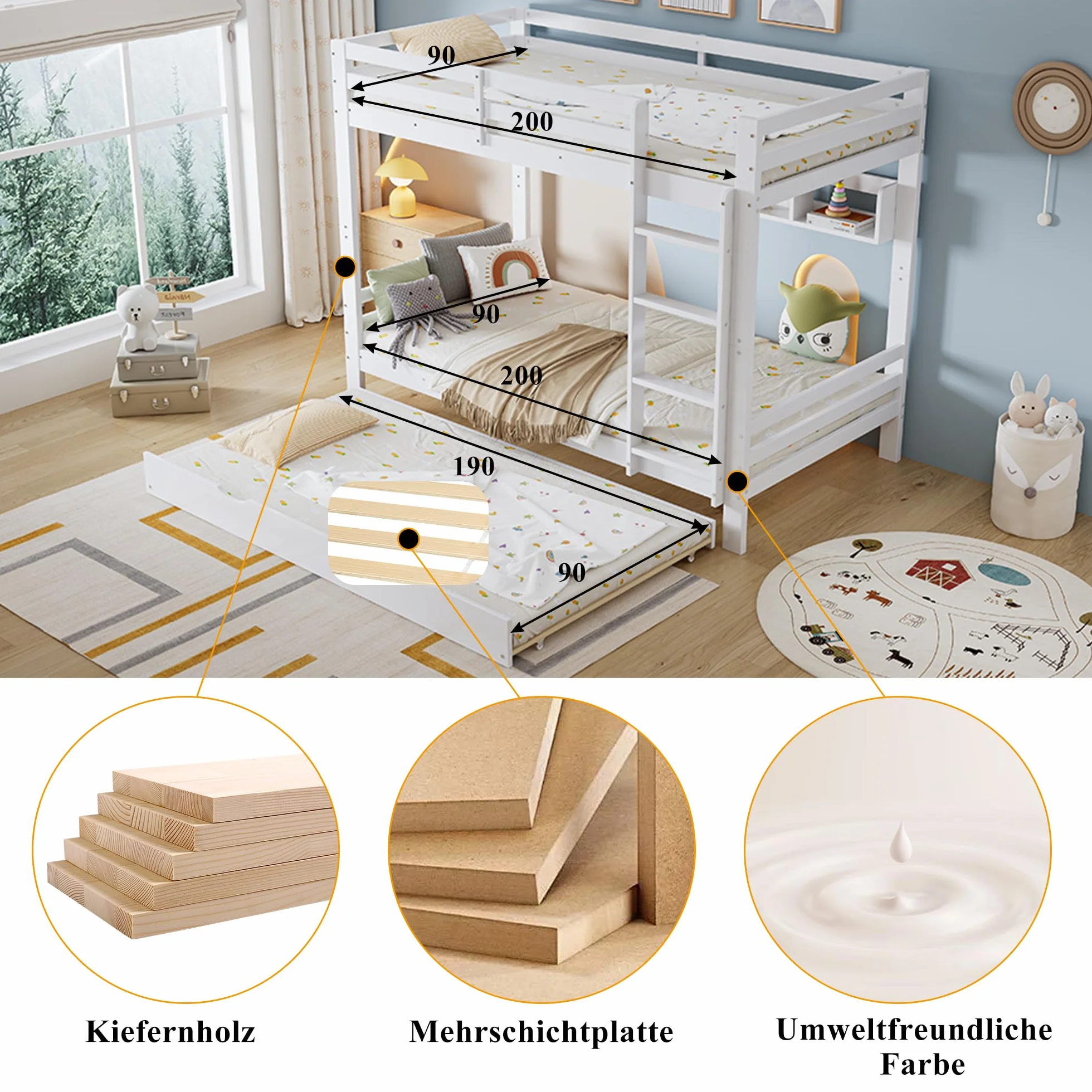 Litera de 90 x 200 cm, cama nido con ruedas, protección anticaídas, cama para niños, convertible en 3 camas individuales con barandilla de seguridad y armario para escaleras, pino + MDF + madera