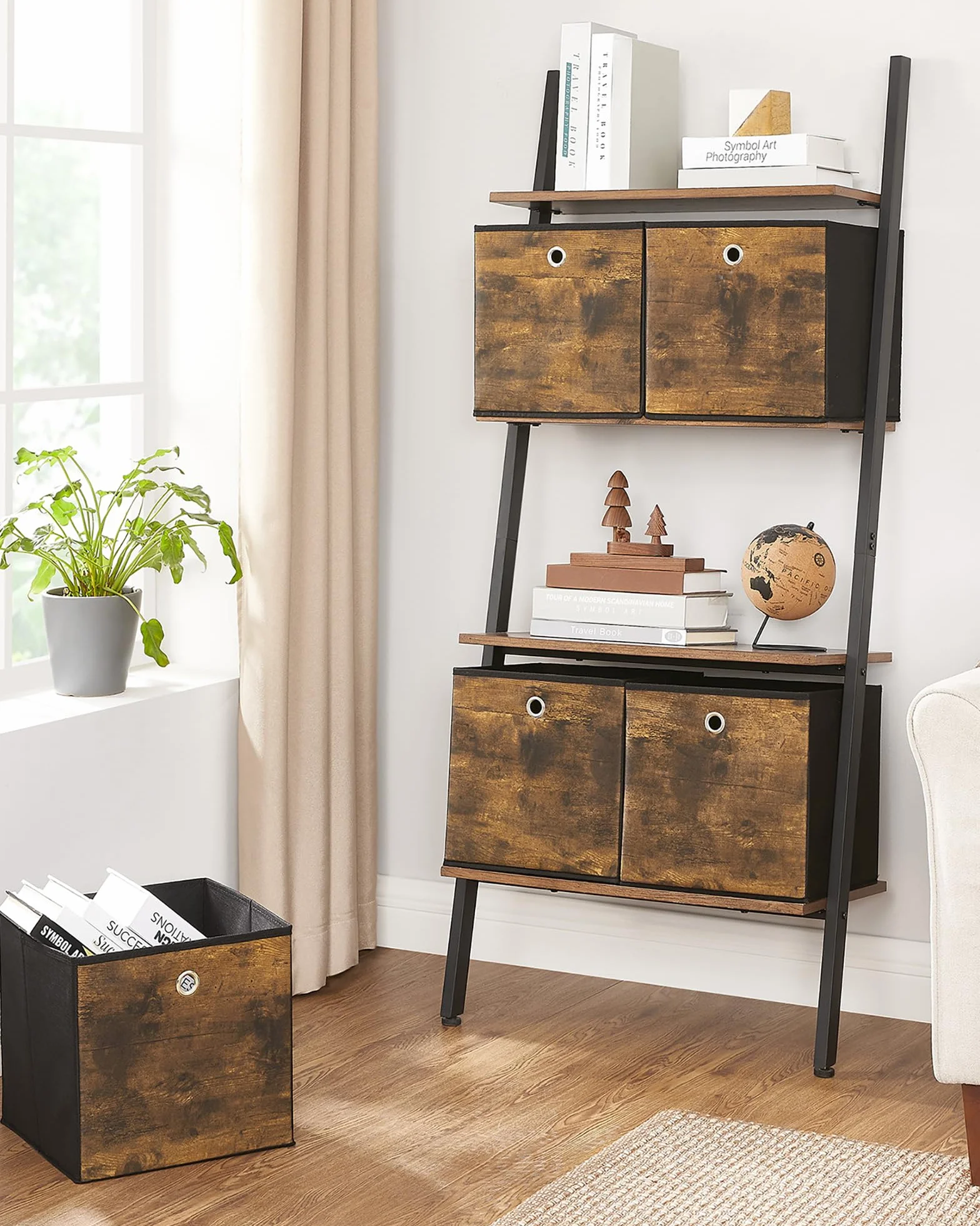 SONGMICS Caja Almacenaje 6 Cajas Almacenamiento Tela Oxford 30x30x30 cm Plegable Marrón Rústico y Negro